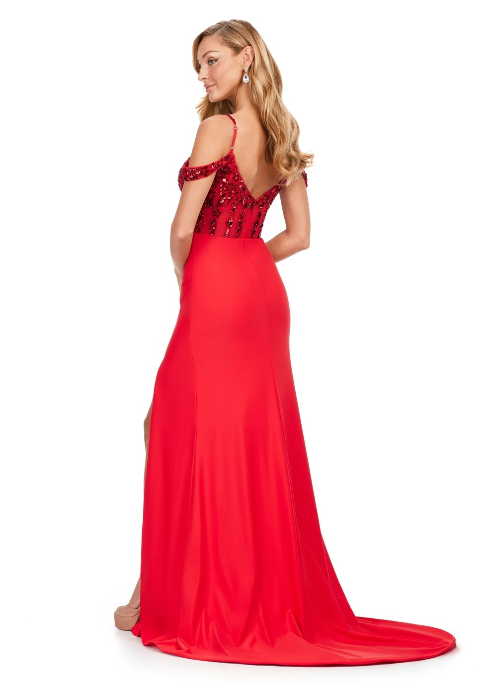 Back View - Red Off-The-Shoulder Evening Gown With Sequinned Bodice, Sheer Corset Detail, High Slit, and Floor-Length Skirt