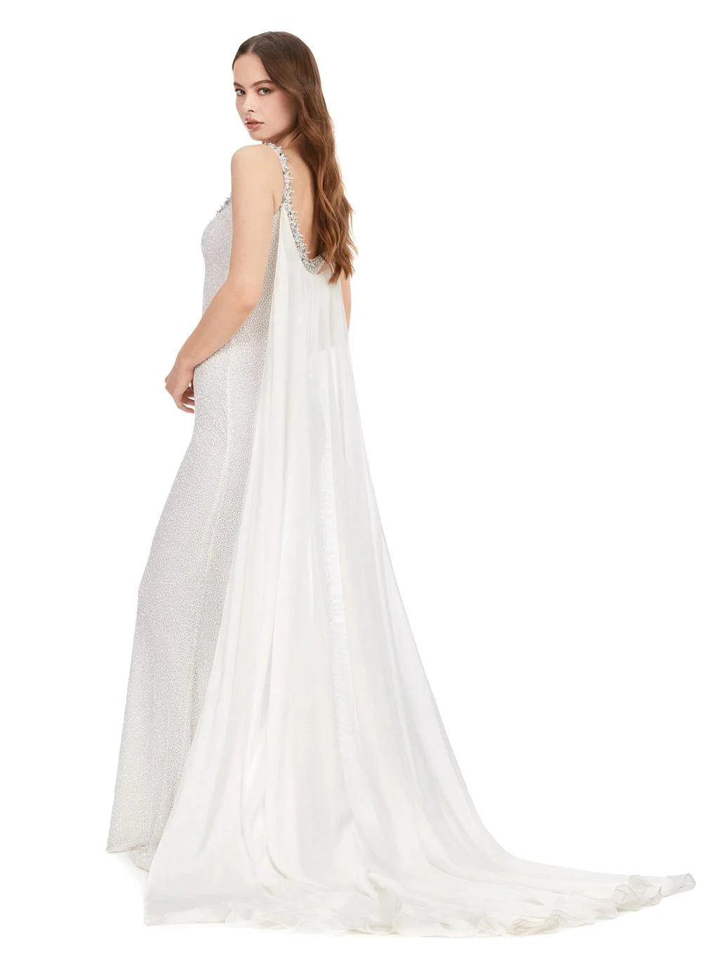 Back view - Fitted Gown With Beaded Straps And Flowing Cape