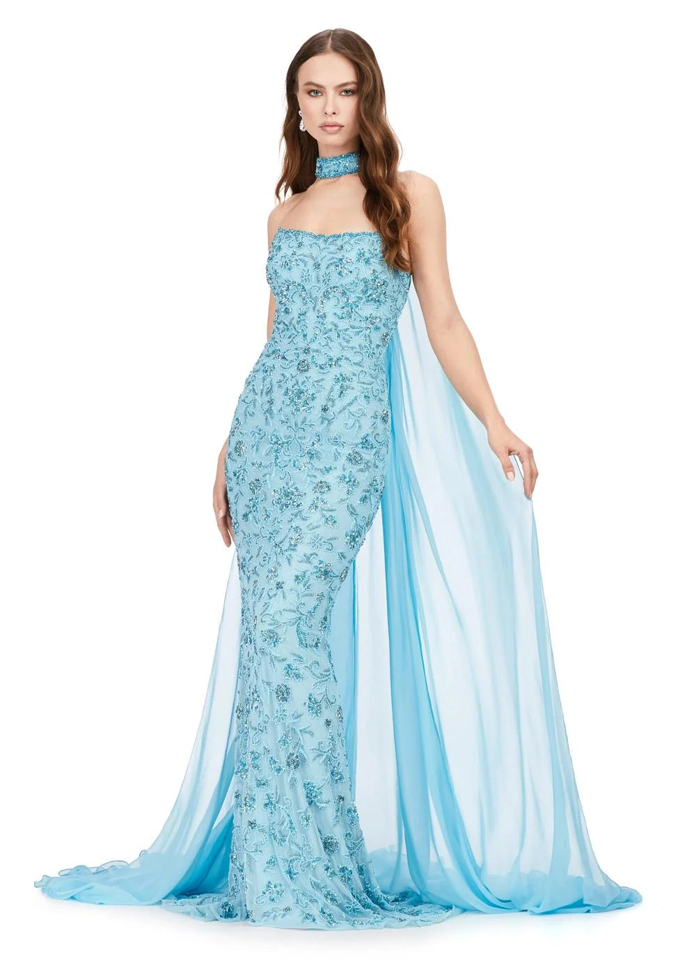 Embroidered Gown With Strapless Bodice, High Neck, And Flowing Cape