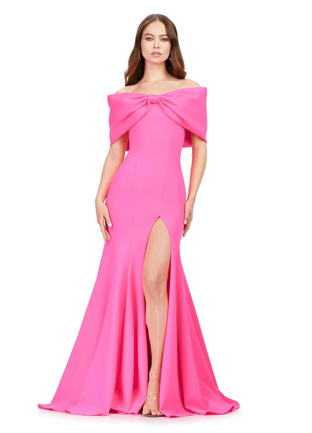 Off-Shoulder Gown With Oversized Bow Detail And Thigh Slit

