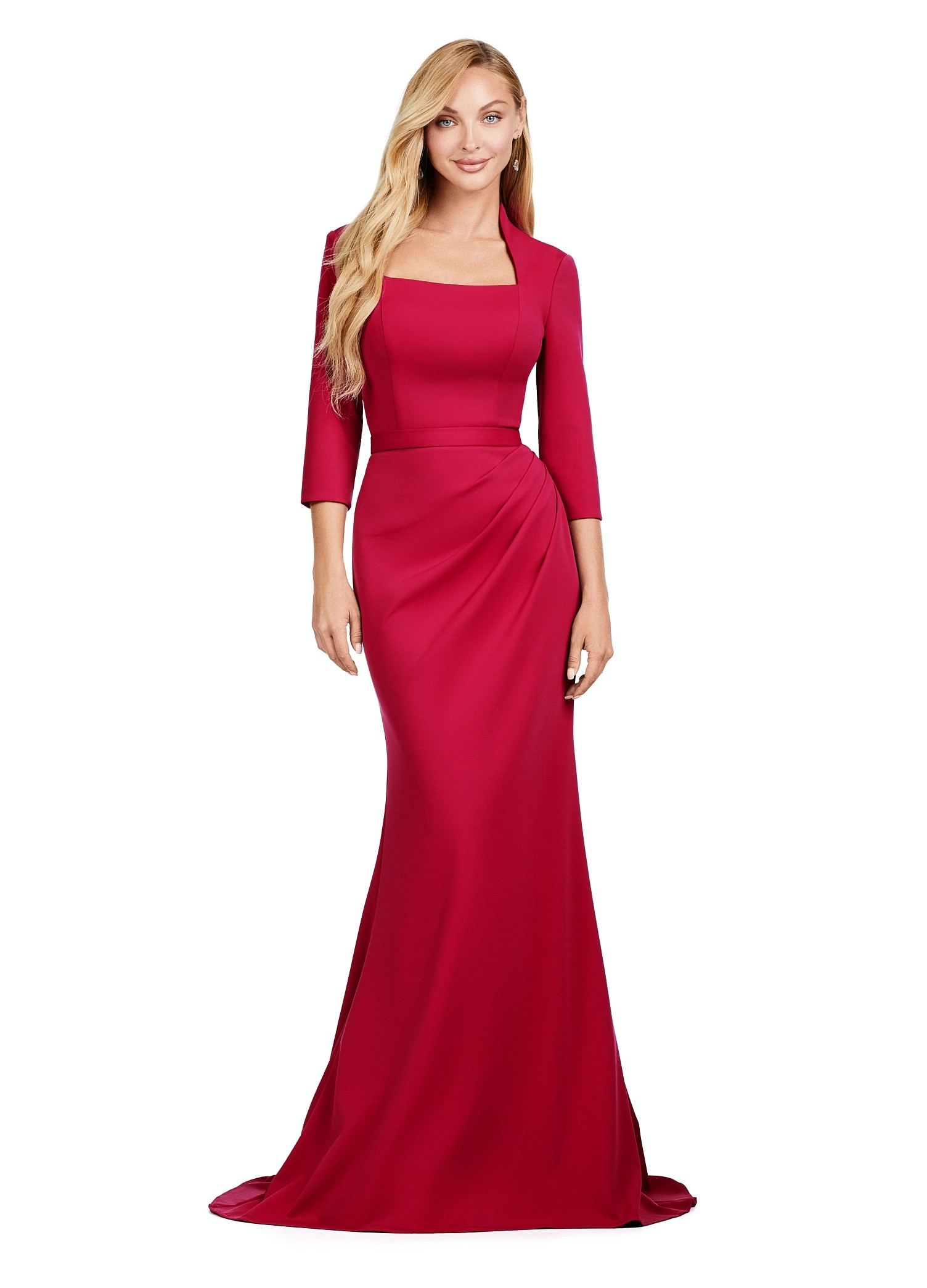 Elegant wine-red floor-length gown with three-quarter sleeves, square neckline, and a flattering ruched waistline for a sophisticated silhouette.