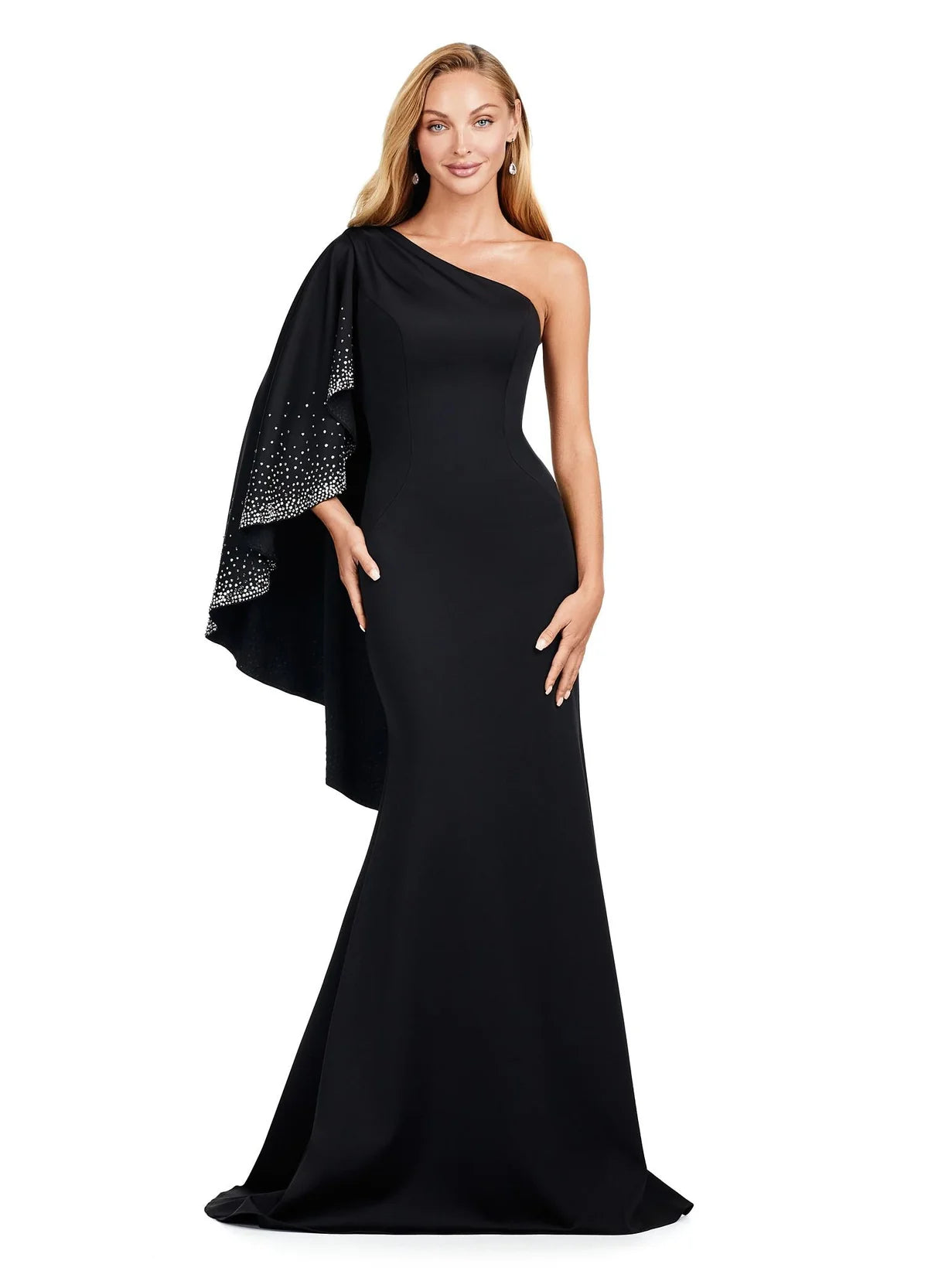 Chic black gown featuring a one-shoulder design with a dramatic embellished cape sleeve, fitted silhouette, and floor-length hem for a timeless and elegant look.