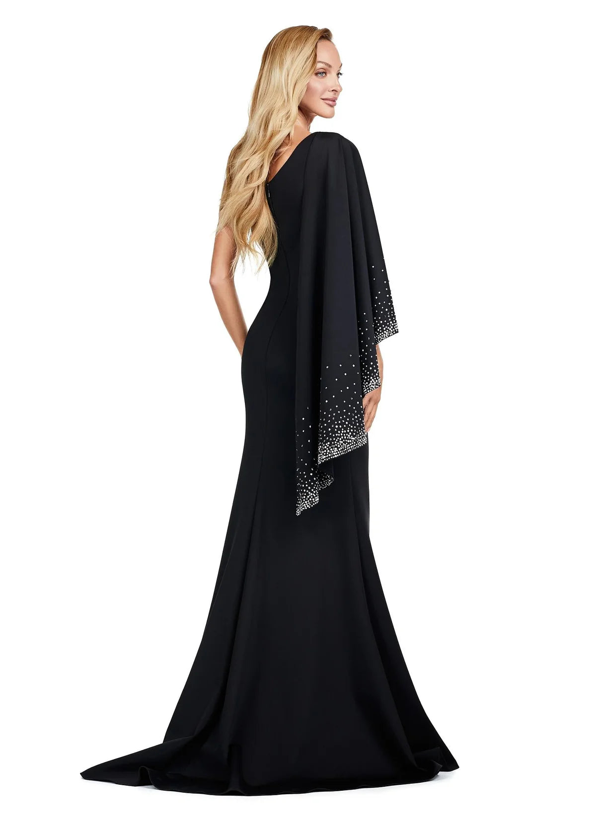 Back view - Chic black gown featuring a one-shoulder design with a dramatic embellished cape sleeve, fitted silhouette, and floor-length hem for a timeless and elegant look.