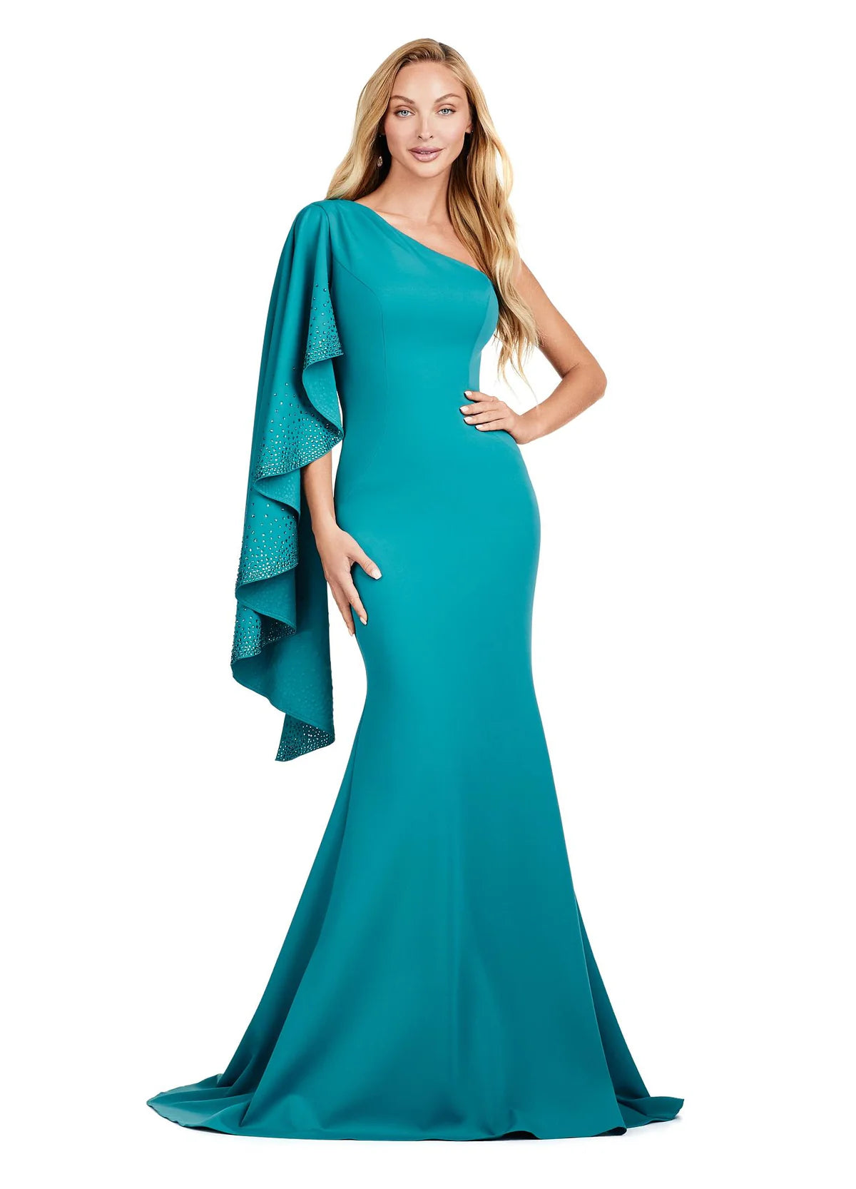 Chic green gown featuring a one-shoulder design with a dramatic embellished cape sleeve, fitted silhouette, and floor-length hem for a timeless and elegant look.