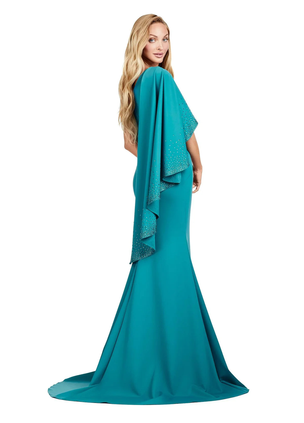 Back view - Chic green gown featuring a one-shoulder design with a dramatic embellished cape sleeve, fitted silhouette, and floor-length hem for a timeless and elegant look.