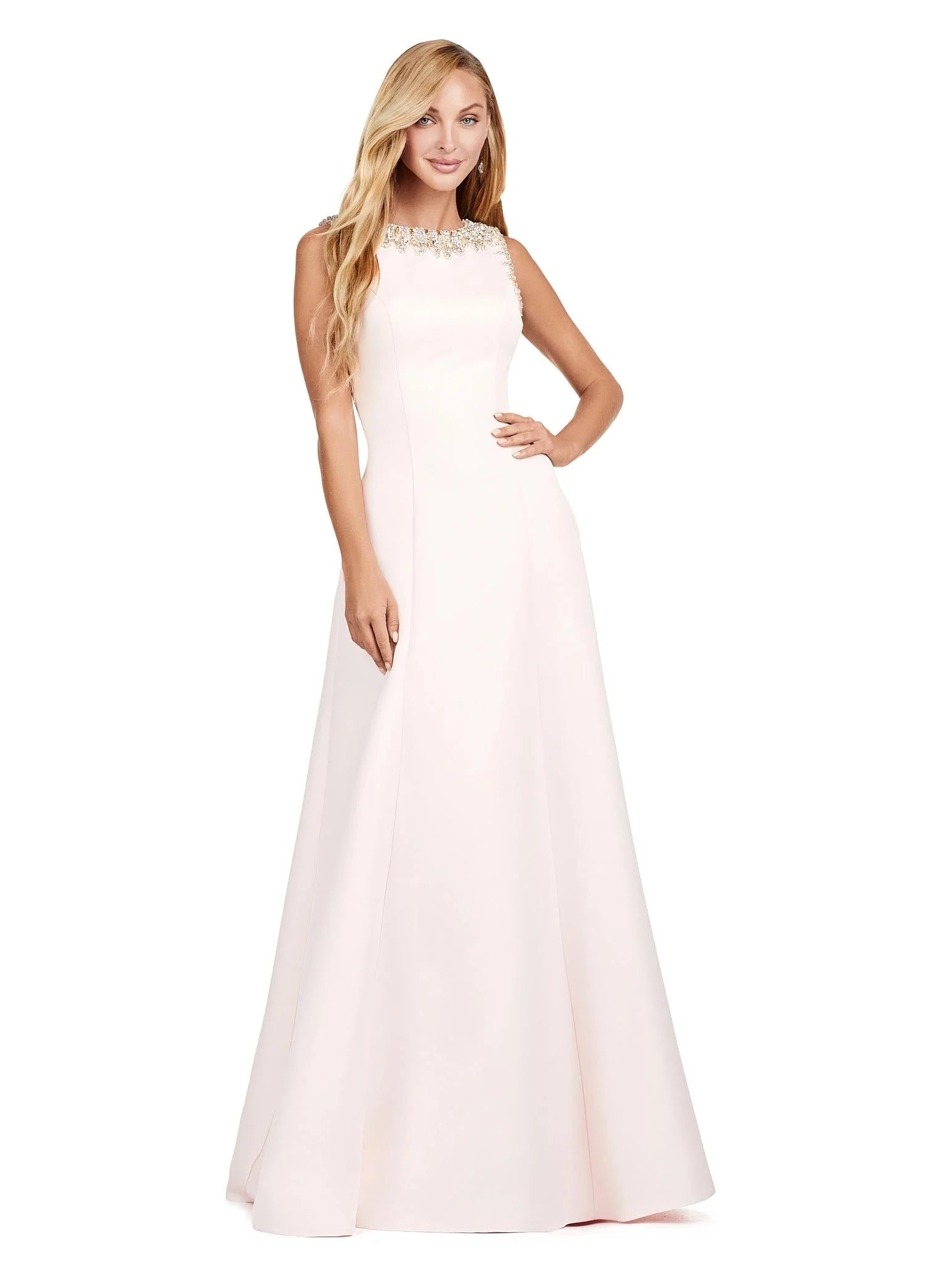 ASHLEYlauren 11426 India Gown – Elegant beaded evening gown with a refined crew neckline, crystal embellishments, a flowing A-line satin skirt, and a sheer beaded shawl for a sophisticated and timeless look.