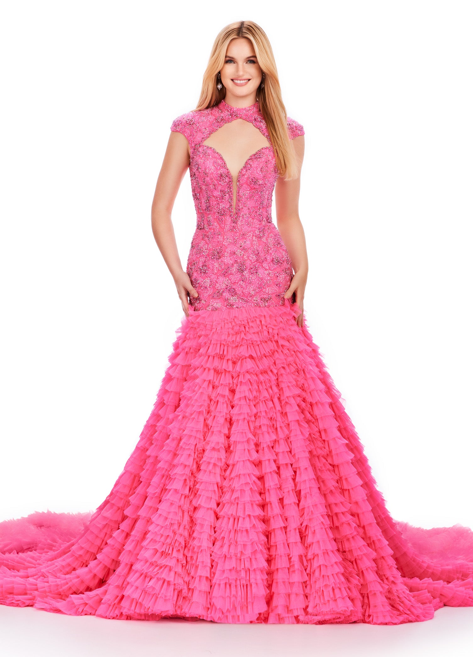 Pink Embellished Lace Bodice Gown with Tiered White Skirt – Luxury Bridal or Evening Wear