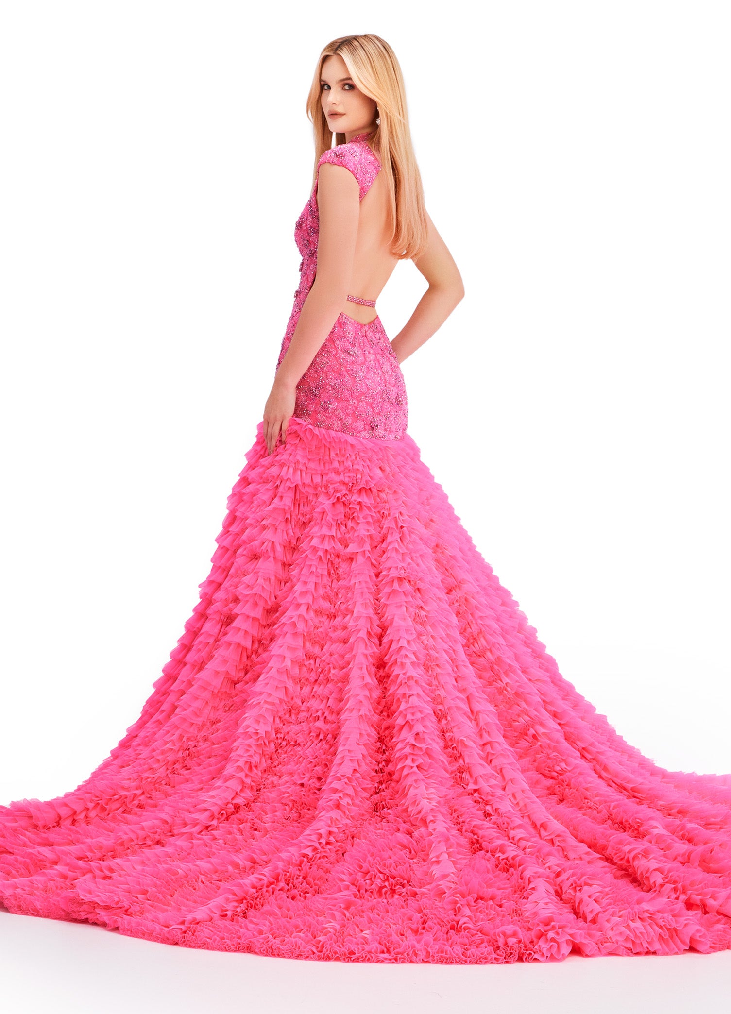 Pink Embellished Lace Bodice Gown with Tiered White Skirt – Luxury Bridal or Evening Wear