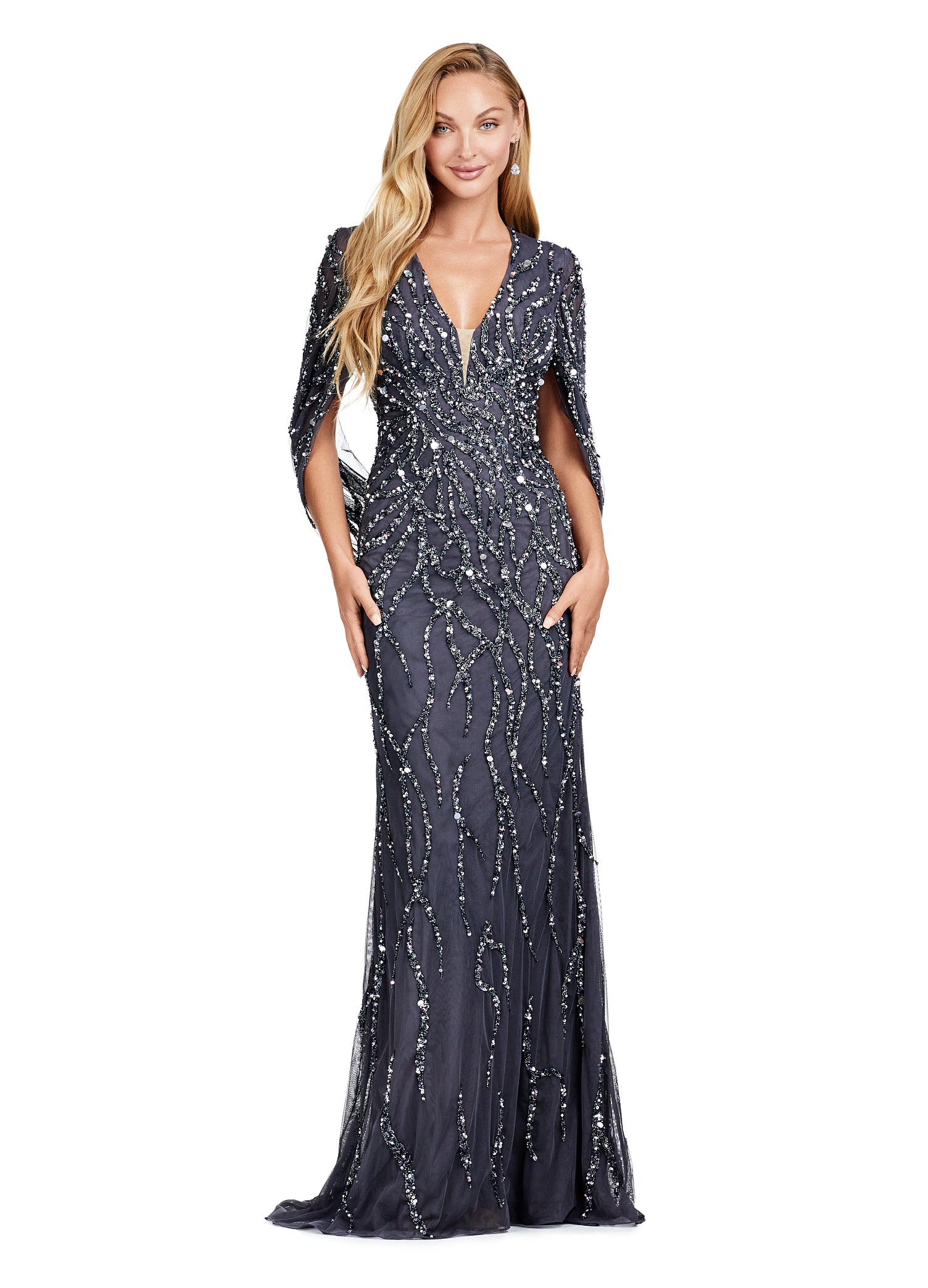 Graceful floor-length charcoal gown with a deep V-neckline and flowing cape sleeves, adorned with intricate beadwork and shimmering embellishments, perfect for an elegant evening affair.