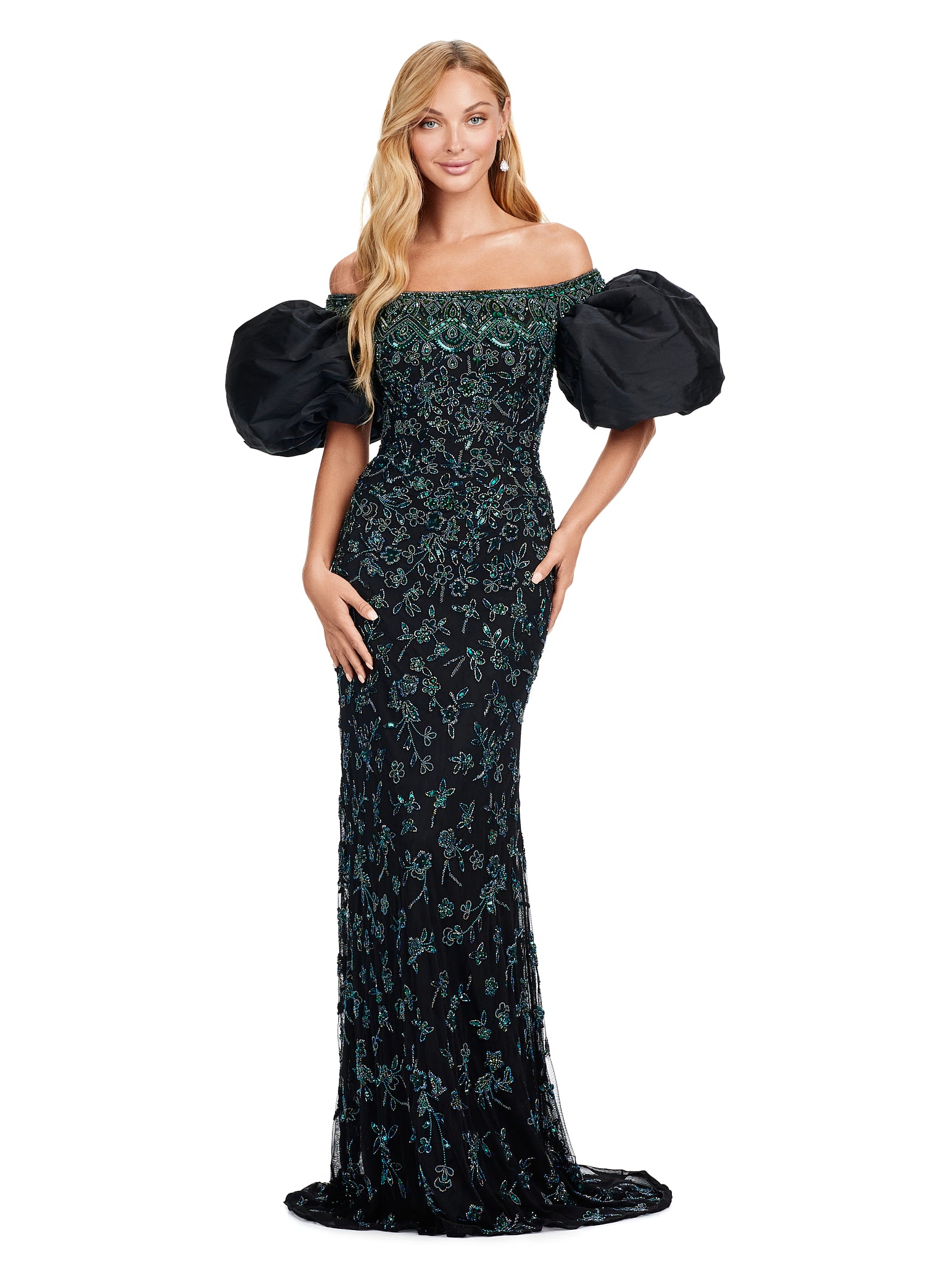 Elegant off-the-shoulder black evening gown with dramatic puff sleeves and delicate green floral embellishments, creating a sophisticated and timeless look.