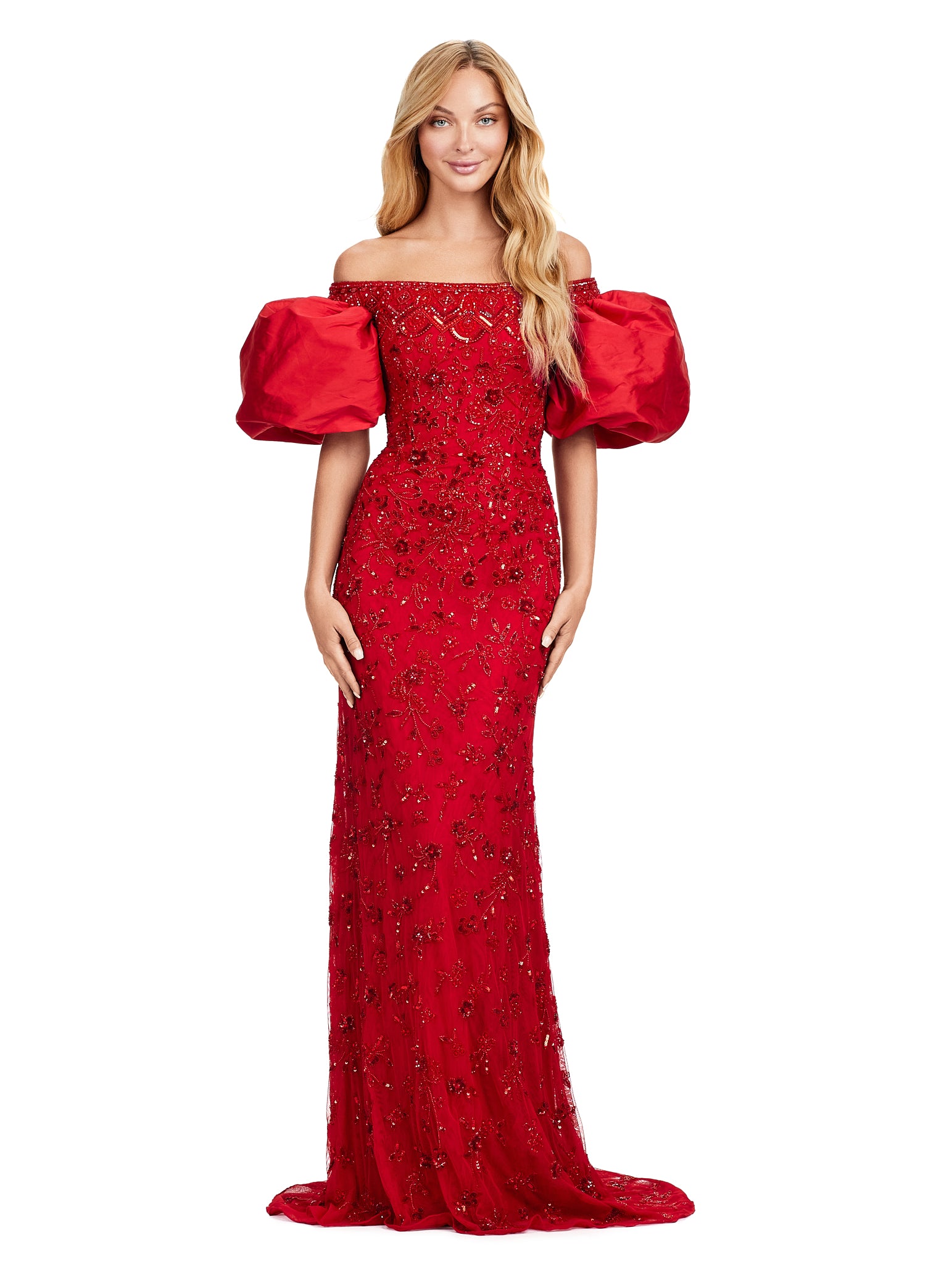 Elegant off-the-shoulder red evening gown with dramatic puff sleeves and delicate green floral embellishments, creating a sophisticated and timeless look.