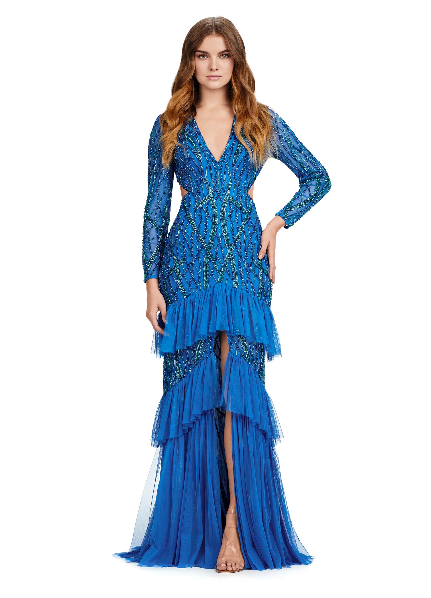 Teal Long-Sleeve Beaded Evening Gown with Ruffled Skirt and Thigh-High Slit – Elegant Formal Wear