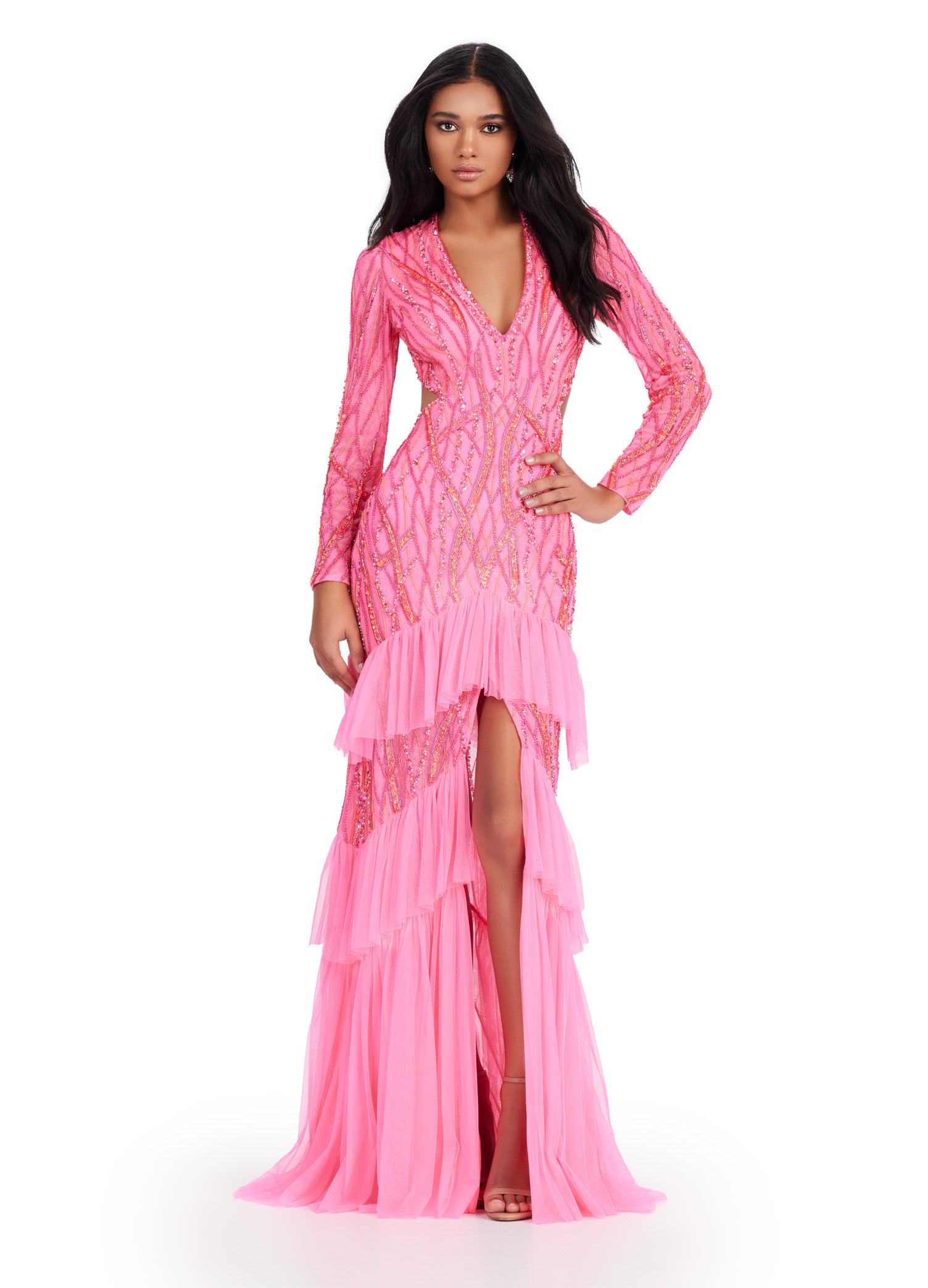 Pink Long-Sleeve Beaded Evening Gown with Ruffled Skirt and Thigh-High Slit – Elegant Formal Wear