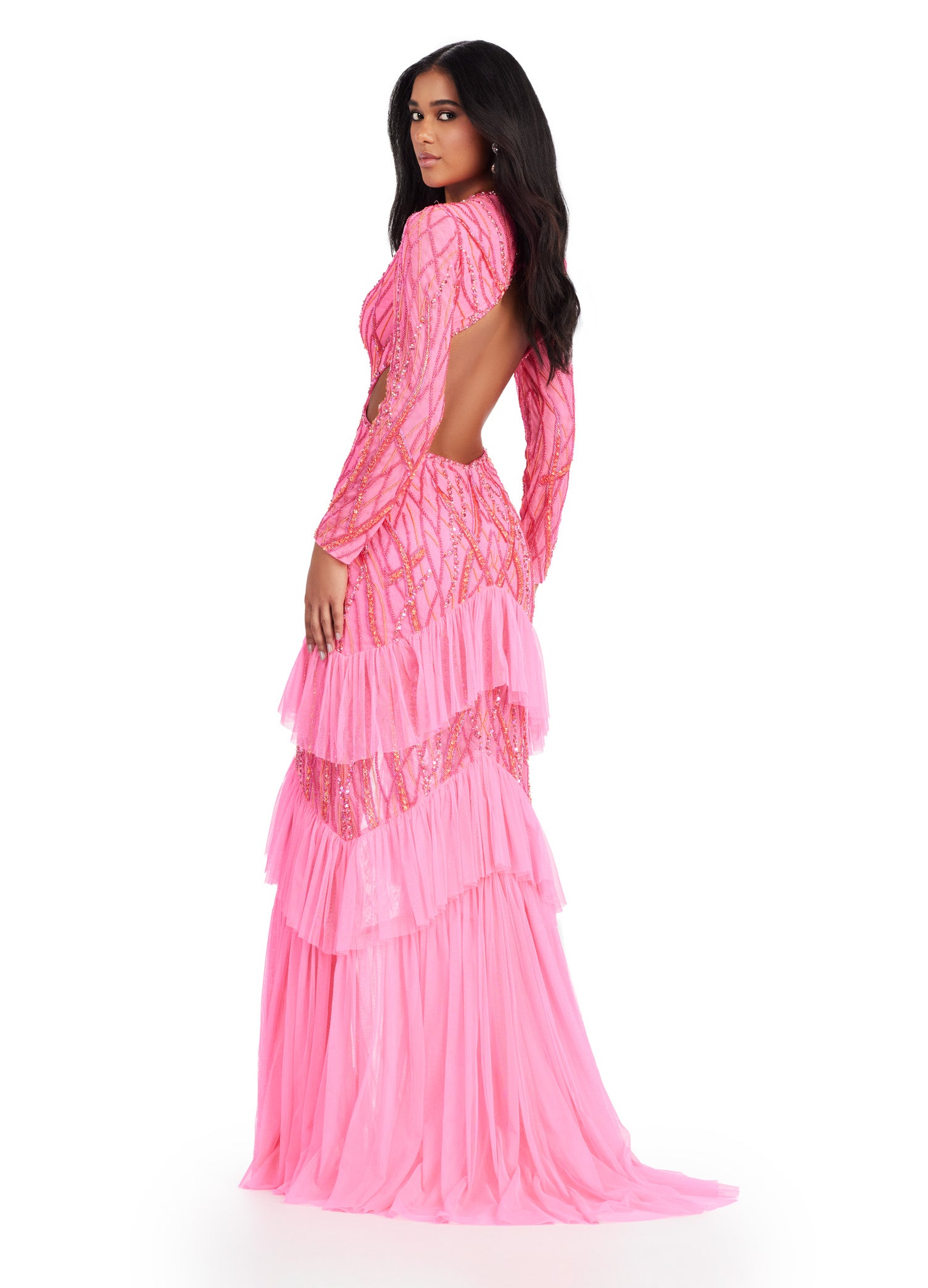 Pink Long-Sleeve Beaded Evening Gown with Ruffled Skirt and Thigh-High Slit – Elegant Formal Wear