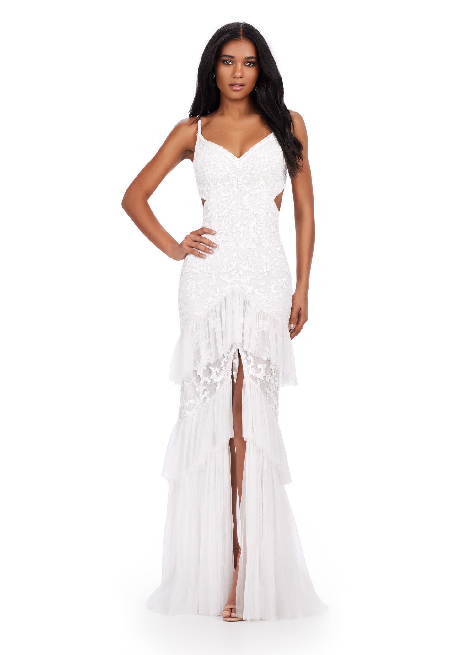 Sloane ASHLEYlauren Dress | White Cut Out, Open Back, Beaded Ruffle Gown