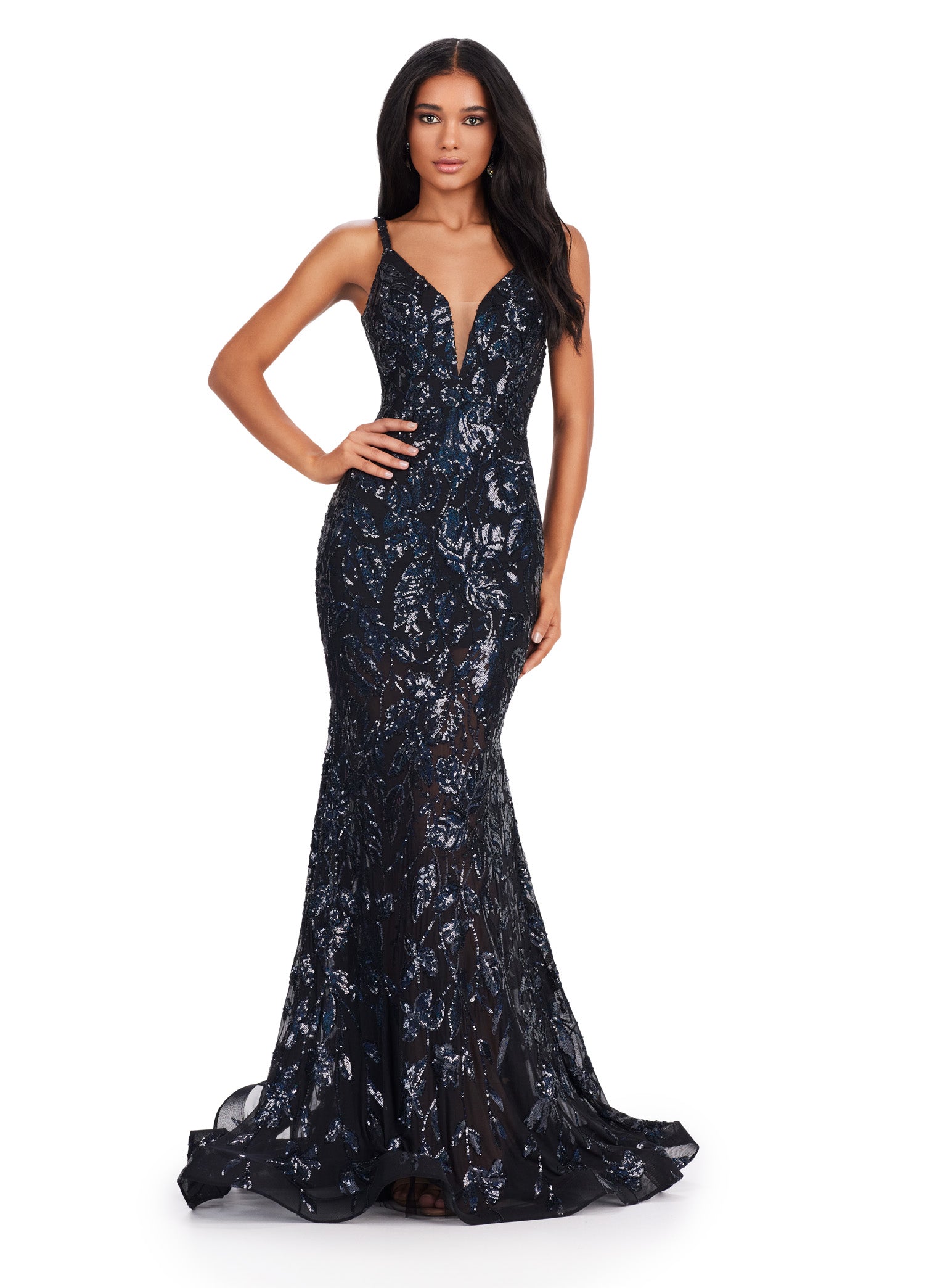 Front view of a black evening gown adorned with shimmering sequin detailing and a plunging V-neckline, featuring a fitted silhouette that flares into a mermaid-style skirt.