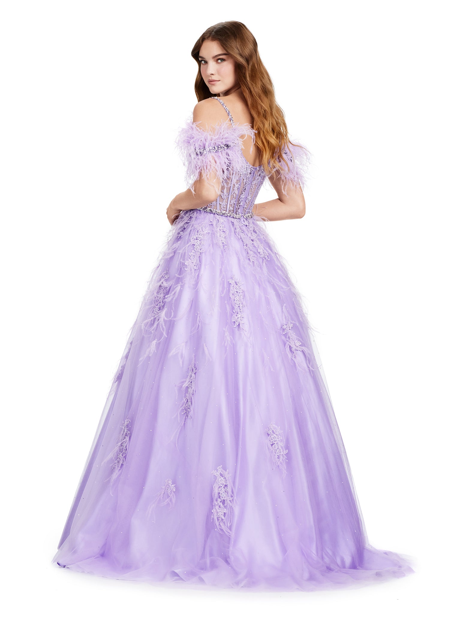 Stunning purple ball gown adorned with delicate feather detailing and floral appliqué, featuring a fitted bodice with off-the-shoulder sleeves and a full tulle skirt