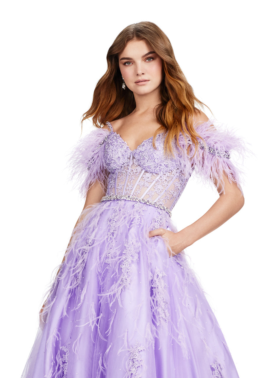 Stunning purple ball gown adorned with delicate feather detailing and floral appliqué, featuring a fitted bodice with off-the-shoulder sleeves and a full tulle skirt