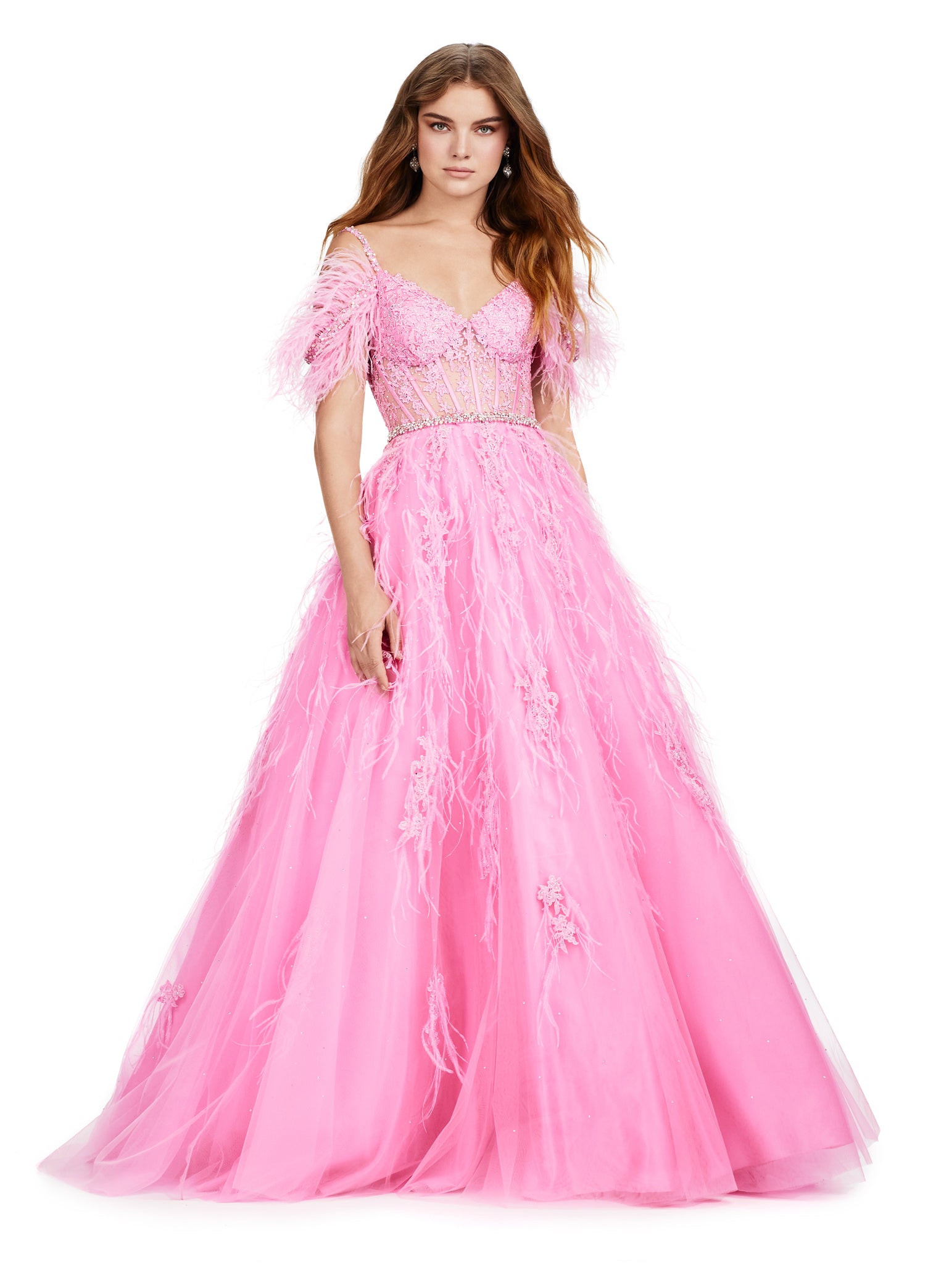 Stunning pink ball gown adorned with delicate feather detailing and floral appliqué, featuring a fitted bodice with off-the-shoulder sleeves and a full tulle skirt