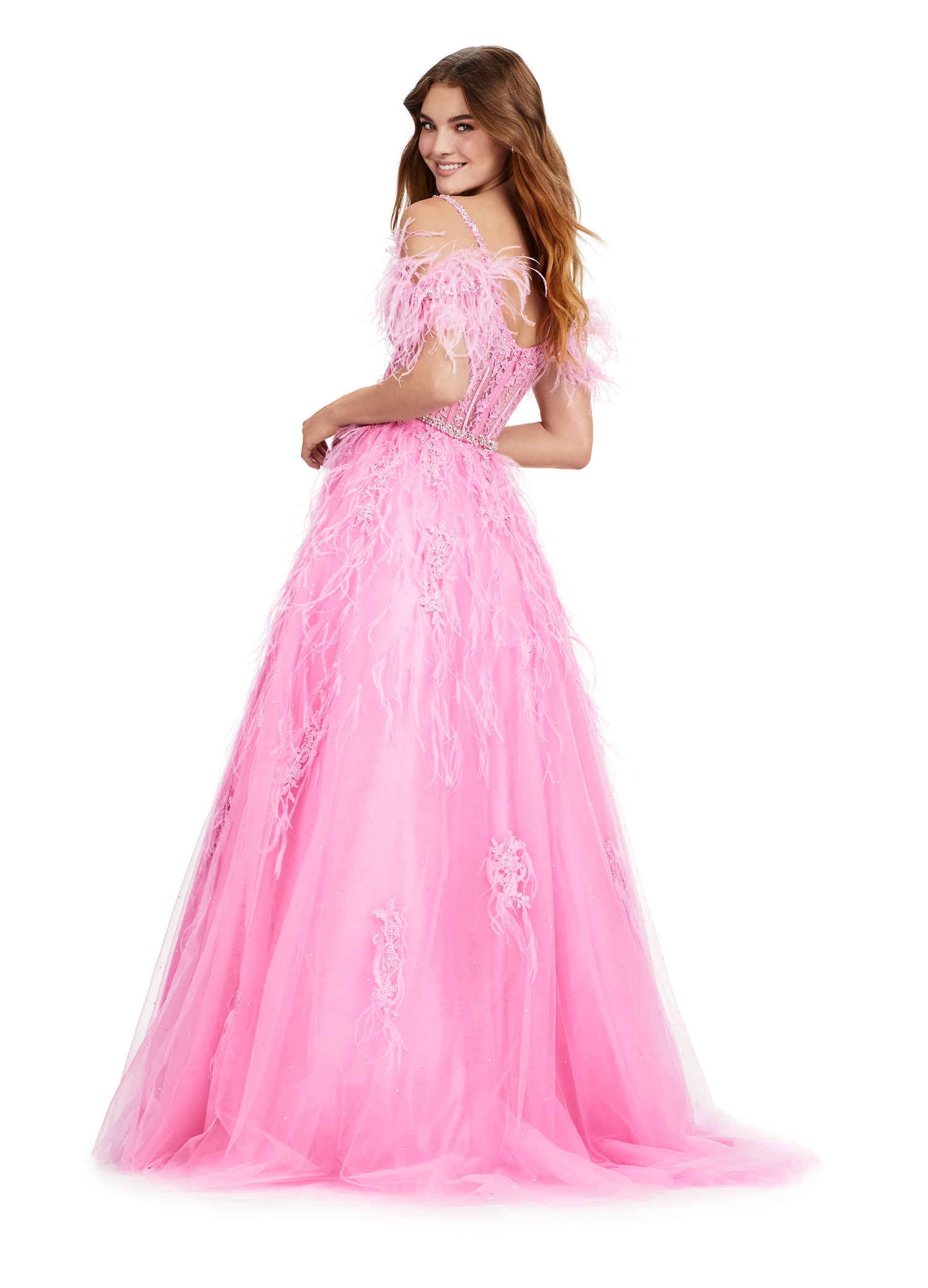 Stunning pink ball gown adorned with delicate feather detailing and floral appliqué, featuring a fitted bodice with off-the-shoulder sleeves and a full tulle skirt