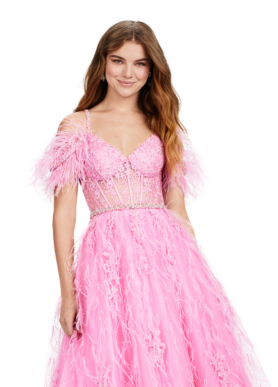 Stunning pink ball gown adorned with delicate feather detailing and floral appliqué, featuring a fitted bodice with off-the-shoulder sleeves and a full tulle skirt