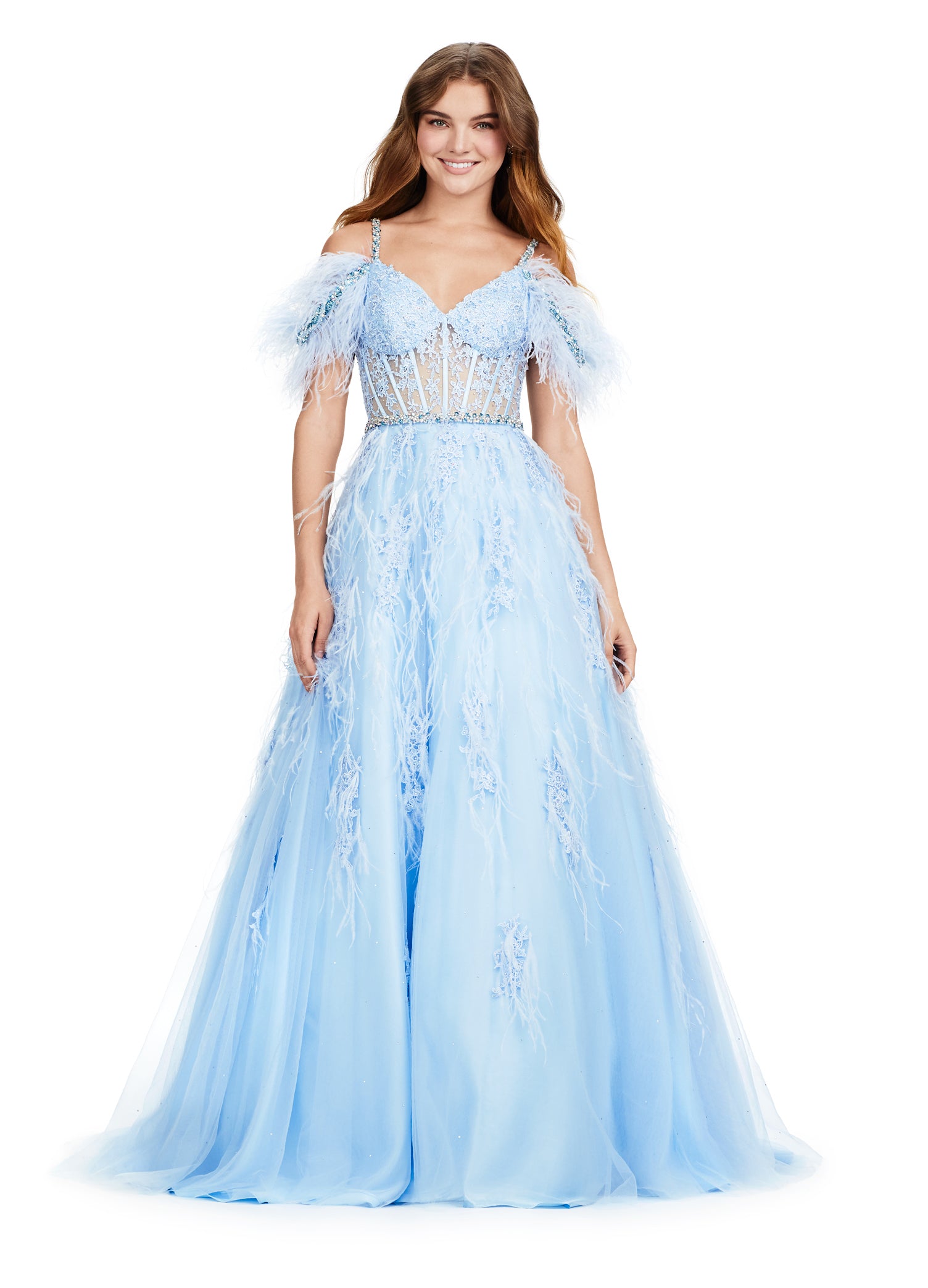 Stunning blue ball gown adorned with delicate feather detailing and floral appliqué, featuring a fitted bodice with off-the-shoulder sleeves and a full tulle skirt