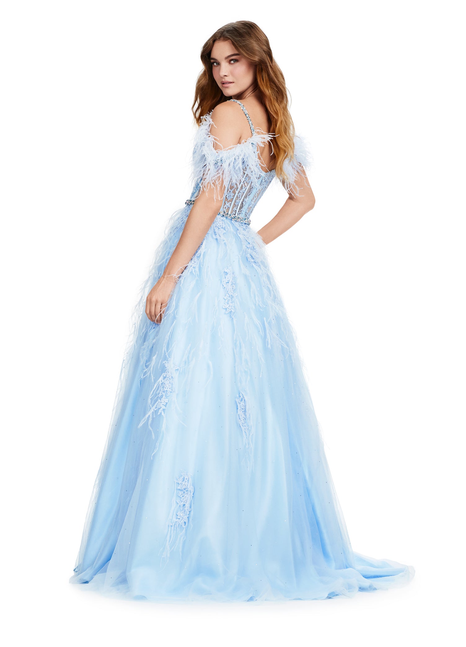 Stunning blue ball gown adorned with delicate feather detailing and floral appliqué, featuring a fitted bodice with off-the-shoulder sleeves and a full tulle skirt