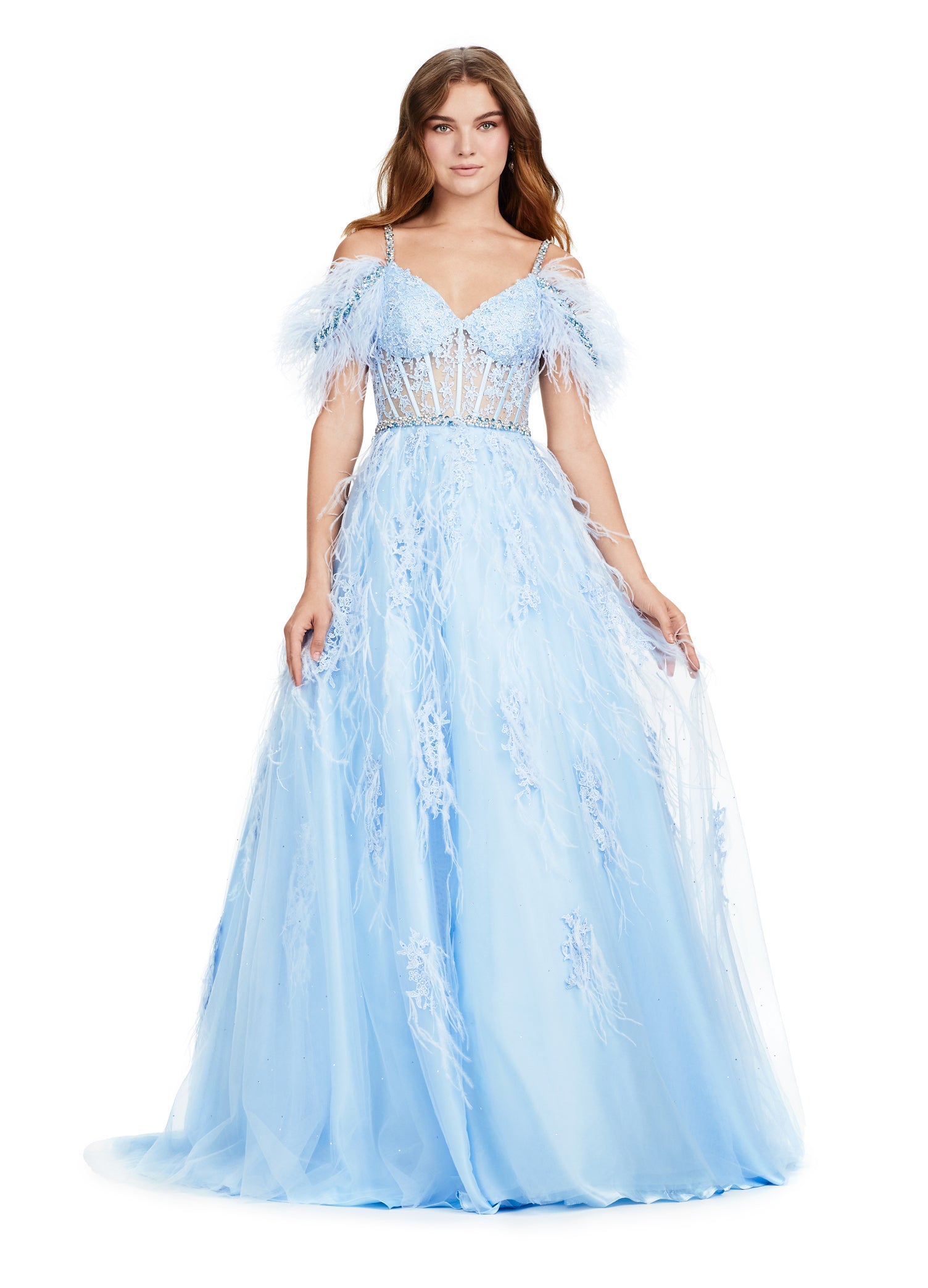 Stunning blue ball gown adorned with delicate feather detailing and floral appliqué, featuring a fitted bodice with off-the-shoulder sleeves and a full tulle skirt