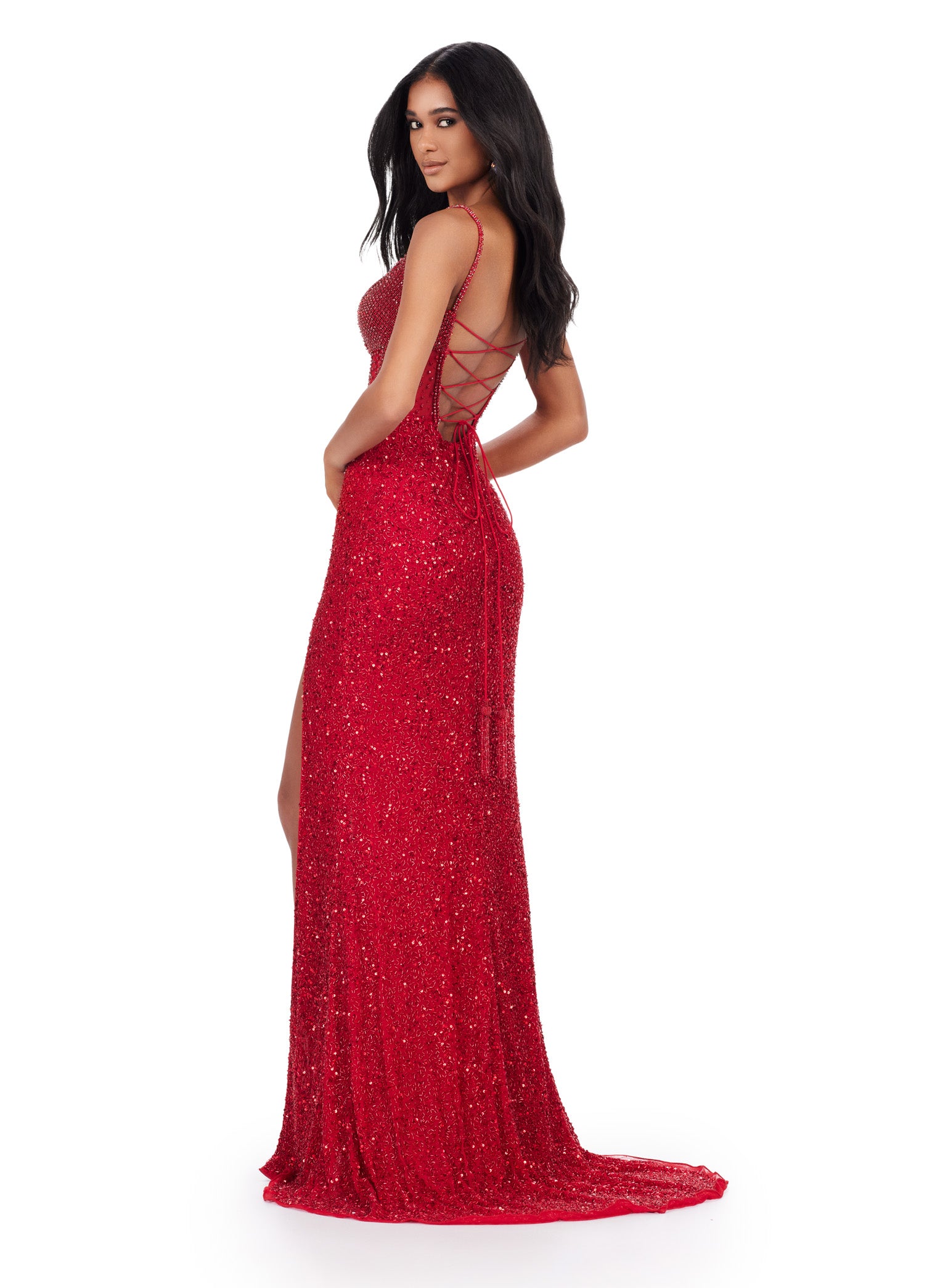 Red gown with Red sequin bodice and a thigh-high slit and cross back perfect for luxury evening events and red carpet occasions