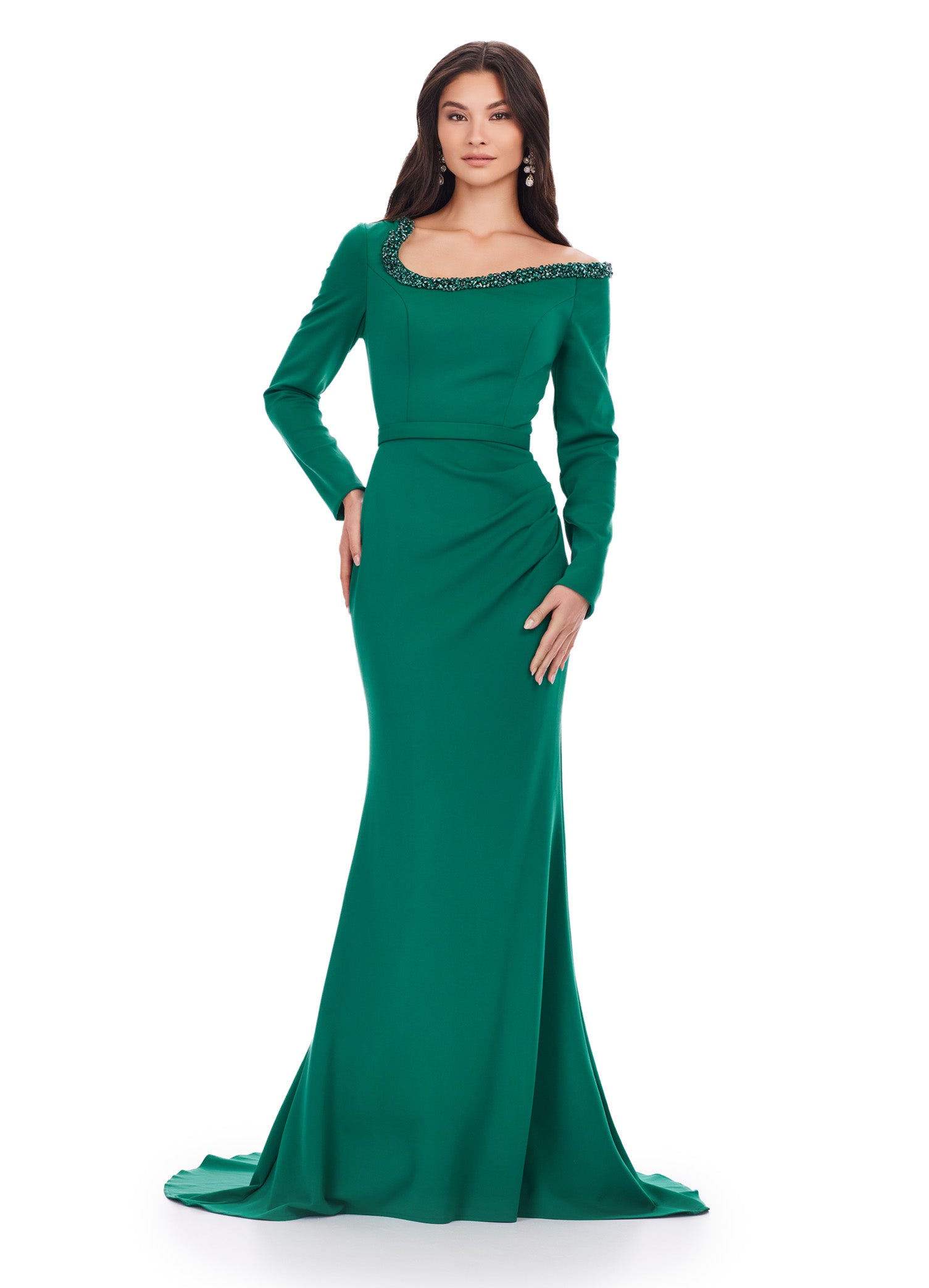 Emerald Green Long-Sleeve Evening Gown with Embellished Off-Shoulder Neckline – Elegant Formal Wear