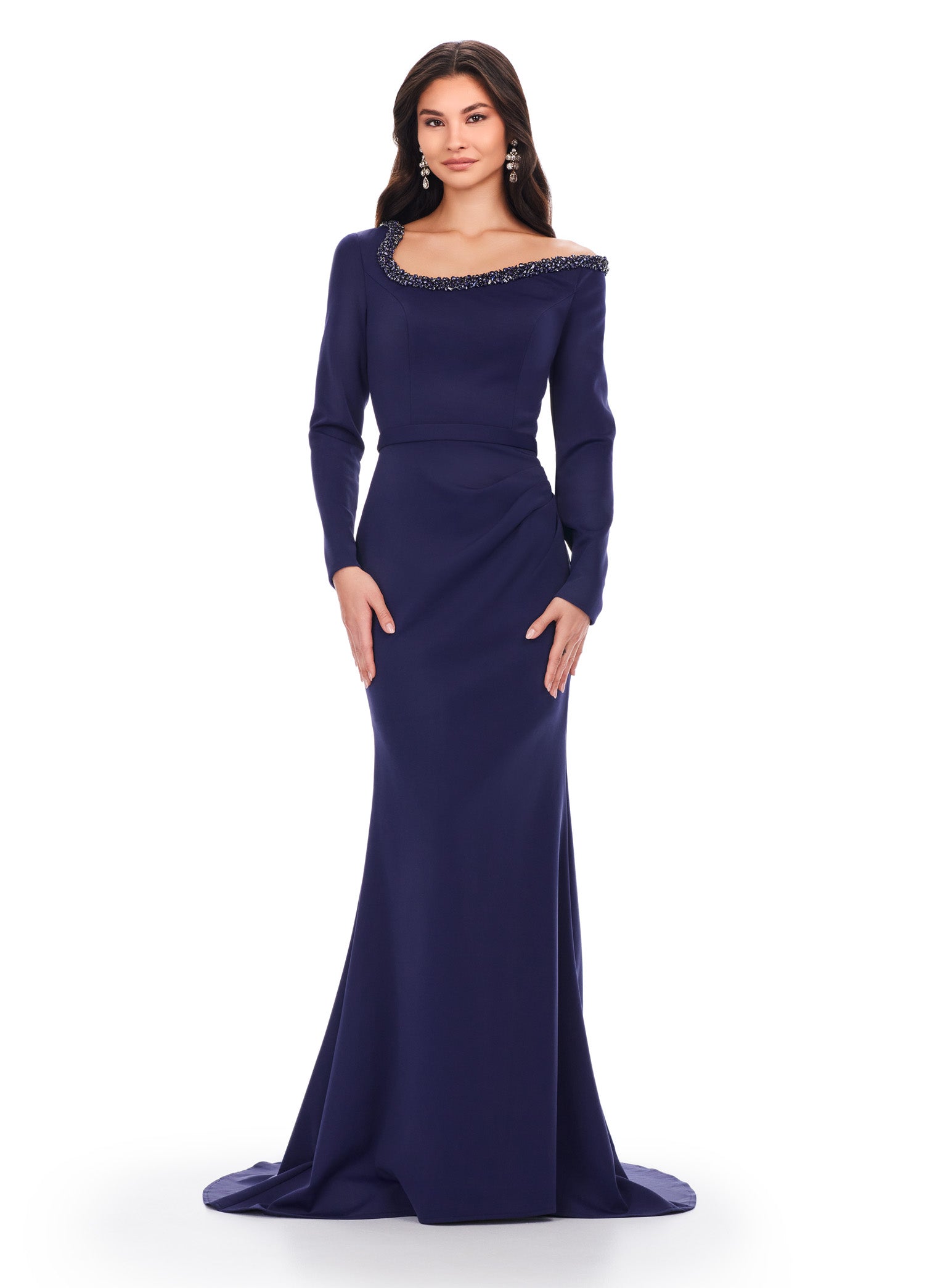 Navy Long-Sleeve Evening Gown with Embellished Off-Shoulder Neckline – Elegant Formal Wear