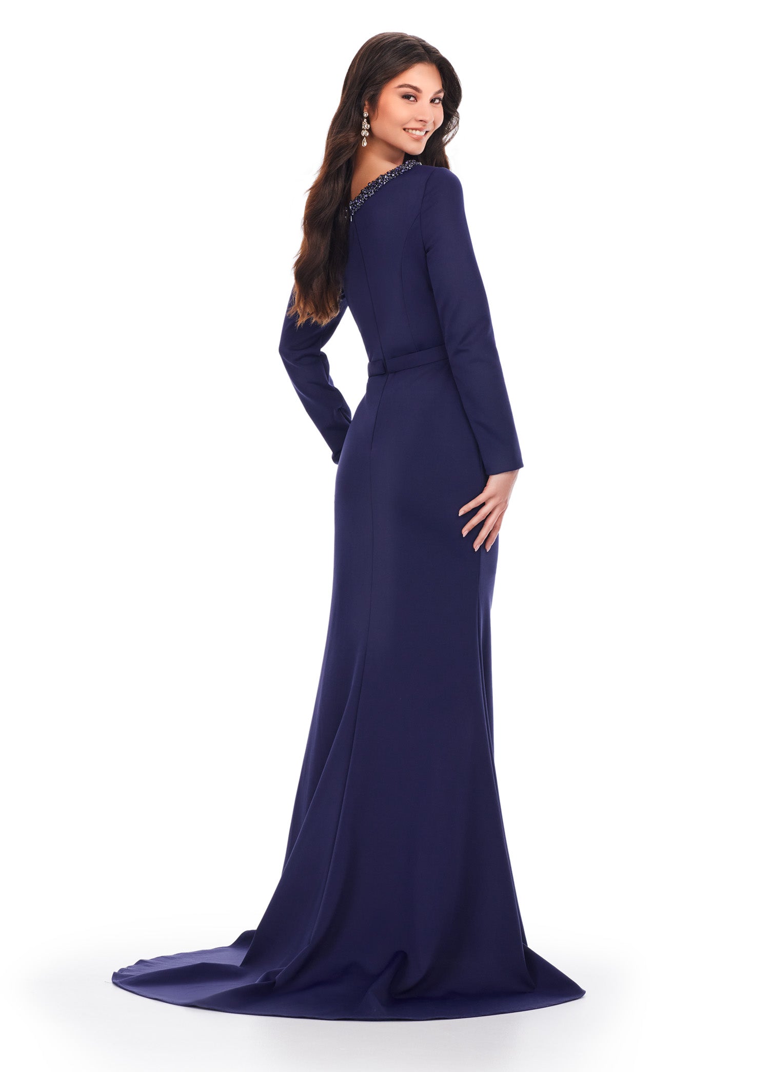 Navy Long-Sleeve Evening Gown with Embellished Off-Shoulder Neckline – Elegant Formal Wear