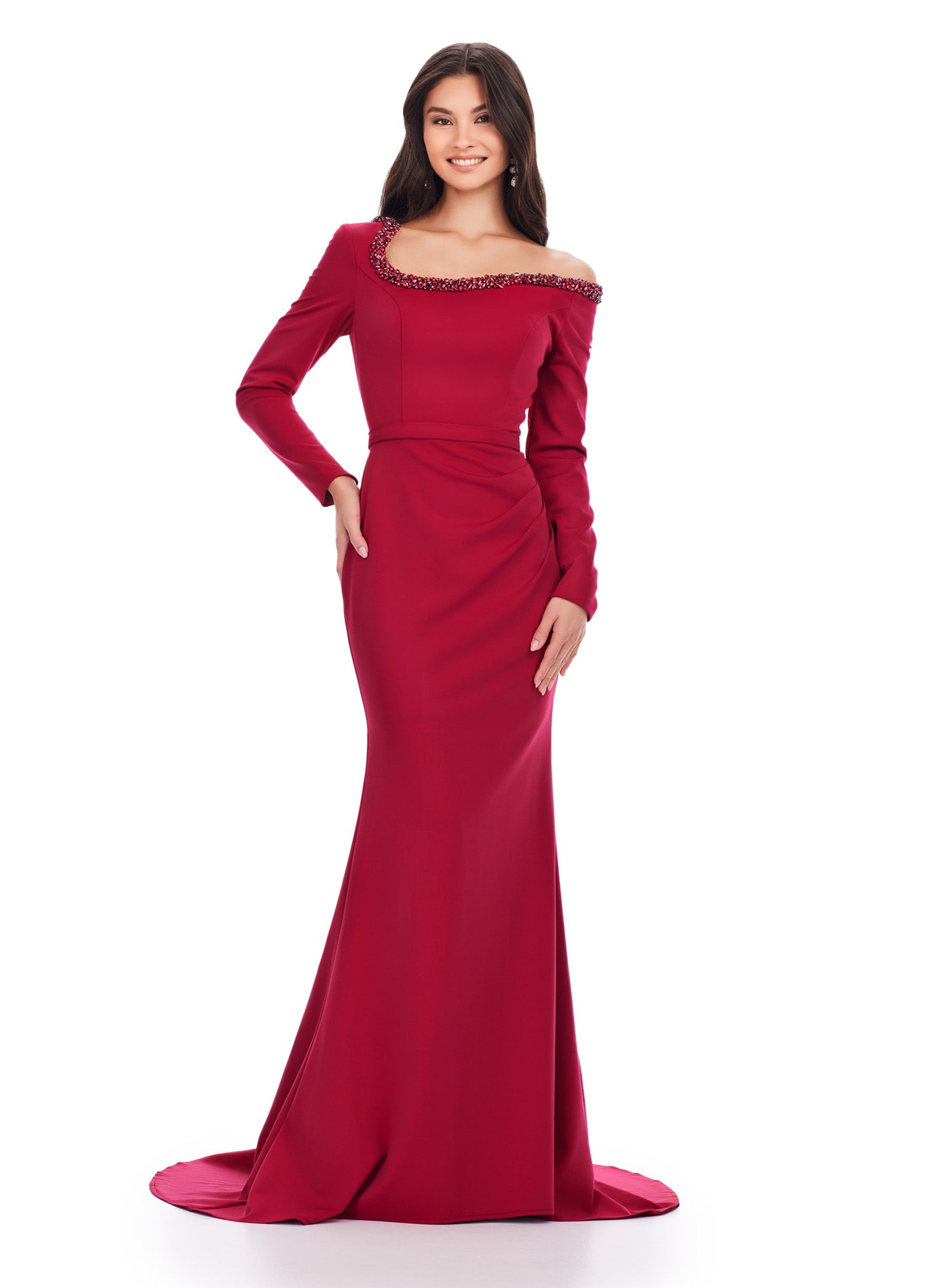 Deep Red Long-Sleeve Evening Gown with Embellished Off-Shoulder Neckline – Elegant Formal Wear