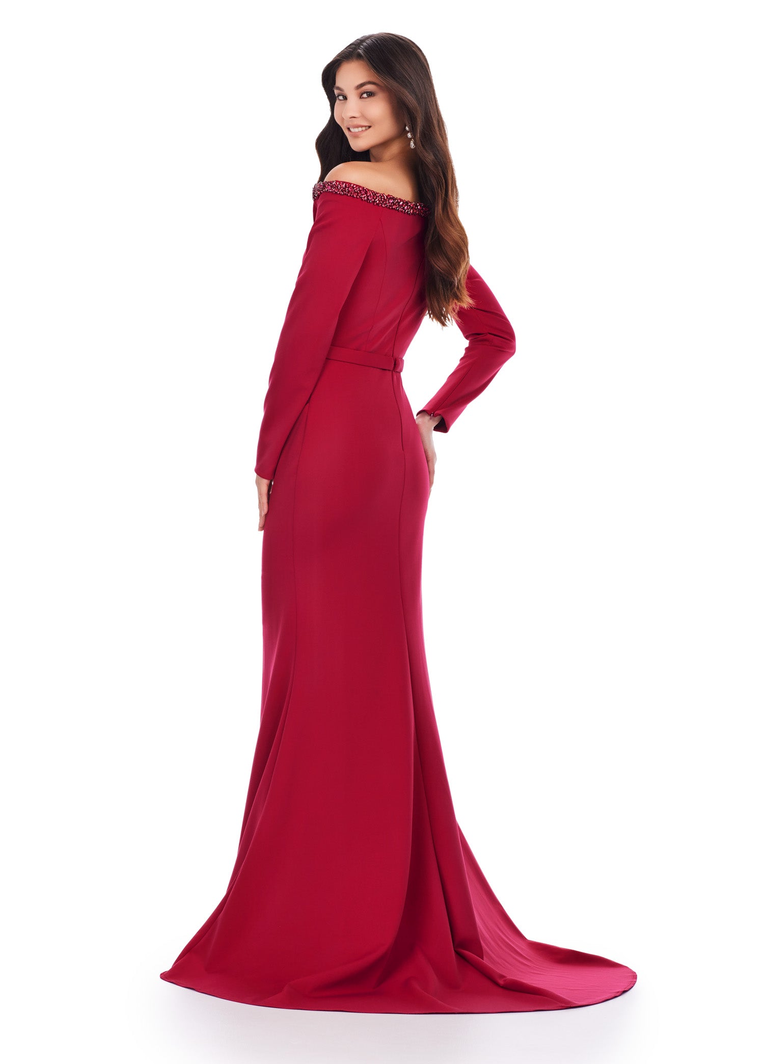 Deep Red Long-Sleeve Evening Gown with Embellished Off-Shoulder Neckline – Elegant Formal Wear