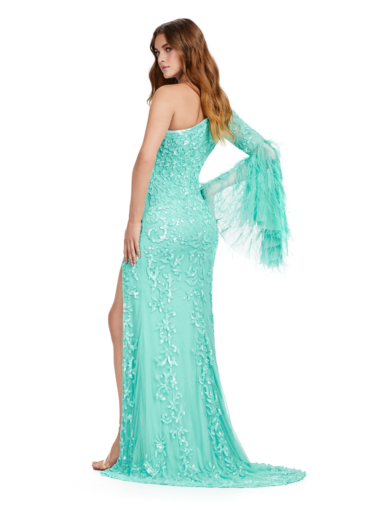 Mint Green One-Shoulder Beaded Evening Gown with Feather Sleeve and Thigh-High Slit – Elegant Formal Wear