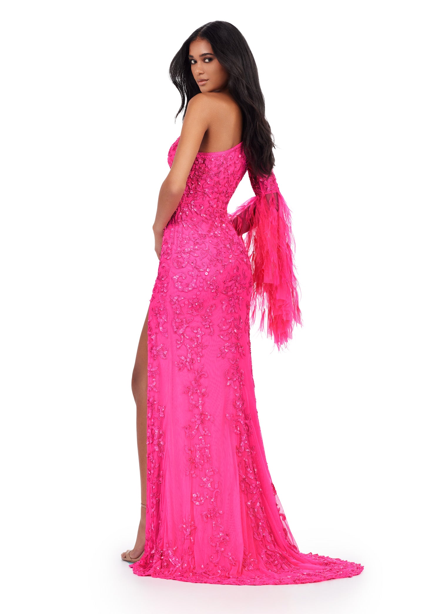 Hot Pink One-Shoulder Beaded Evening Gown with Feather Sleeve and Thigh-High Slit – Elegant Formal Wear