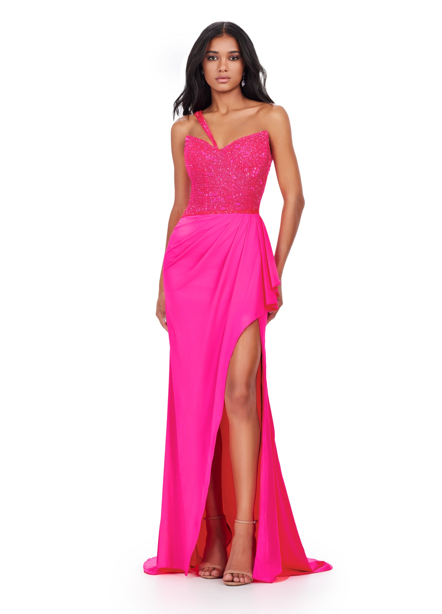 Vibrant pink strapless gown with a sequinned bodice and high-slit skirt, ideal for luxury evening wear and formal occasions.