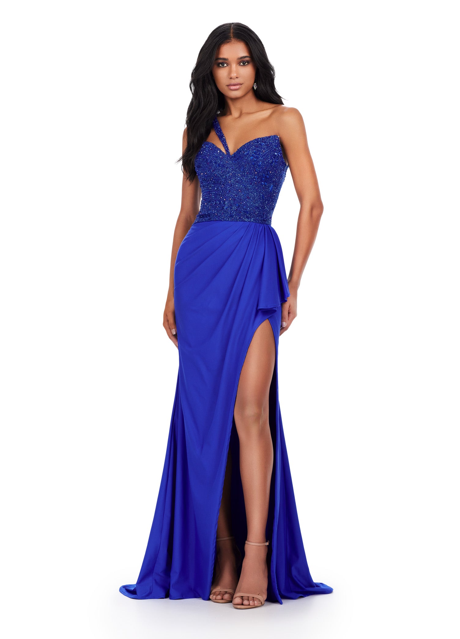 Vibrant Cobalt strapless gown with a sequinned bodice and high-slit skirt, ideal for luxury evening wear and formal occasions.