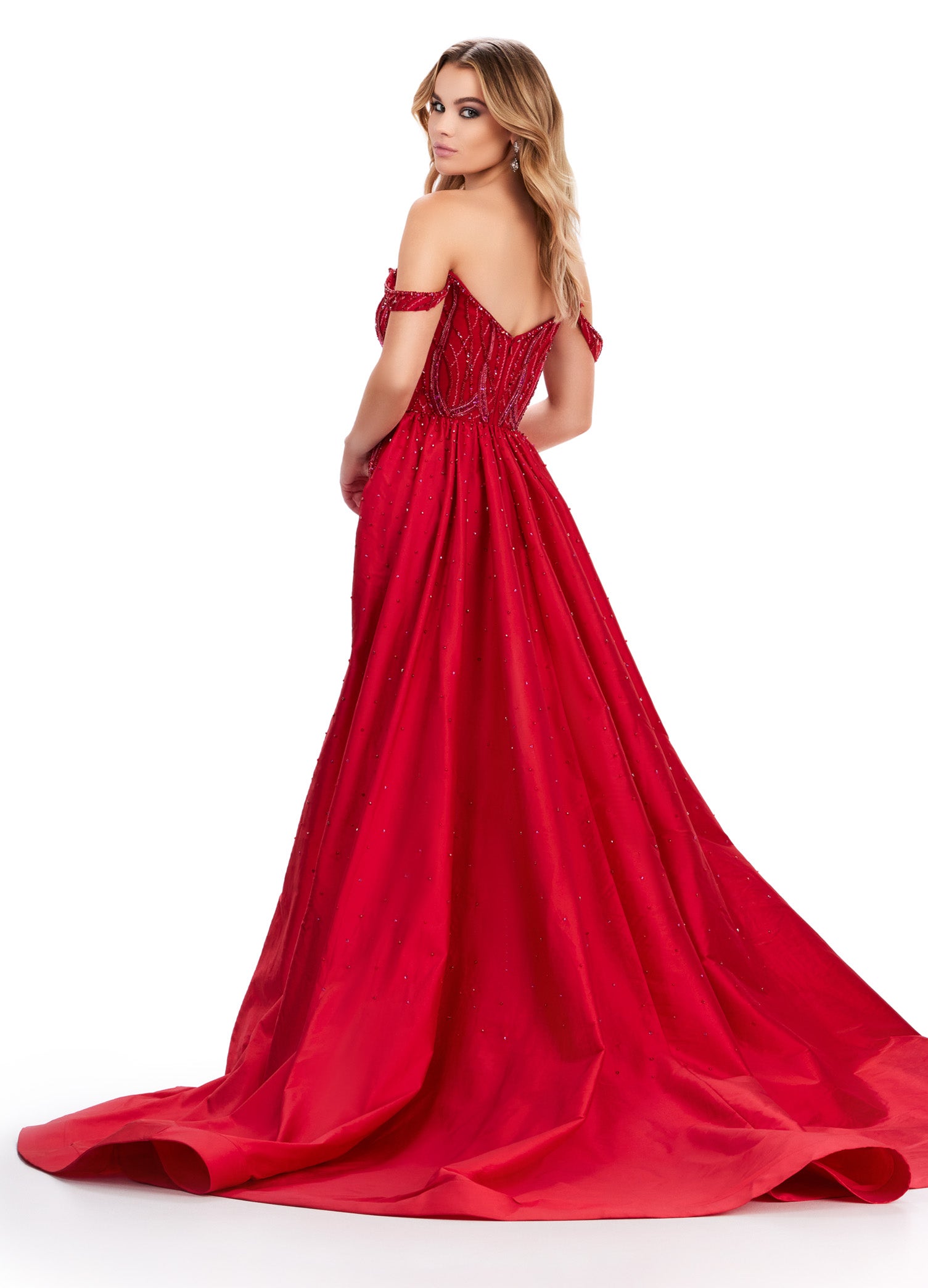 Back view - Red luxurious off-shoulder gown with a sweetheart neckline, intricate beadwork throughout, and a dramatic floor-length overskirt with a sweeping train.