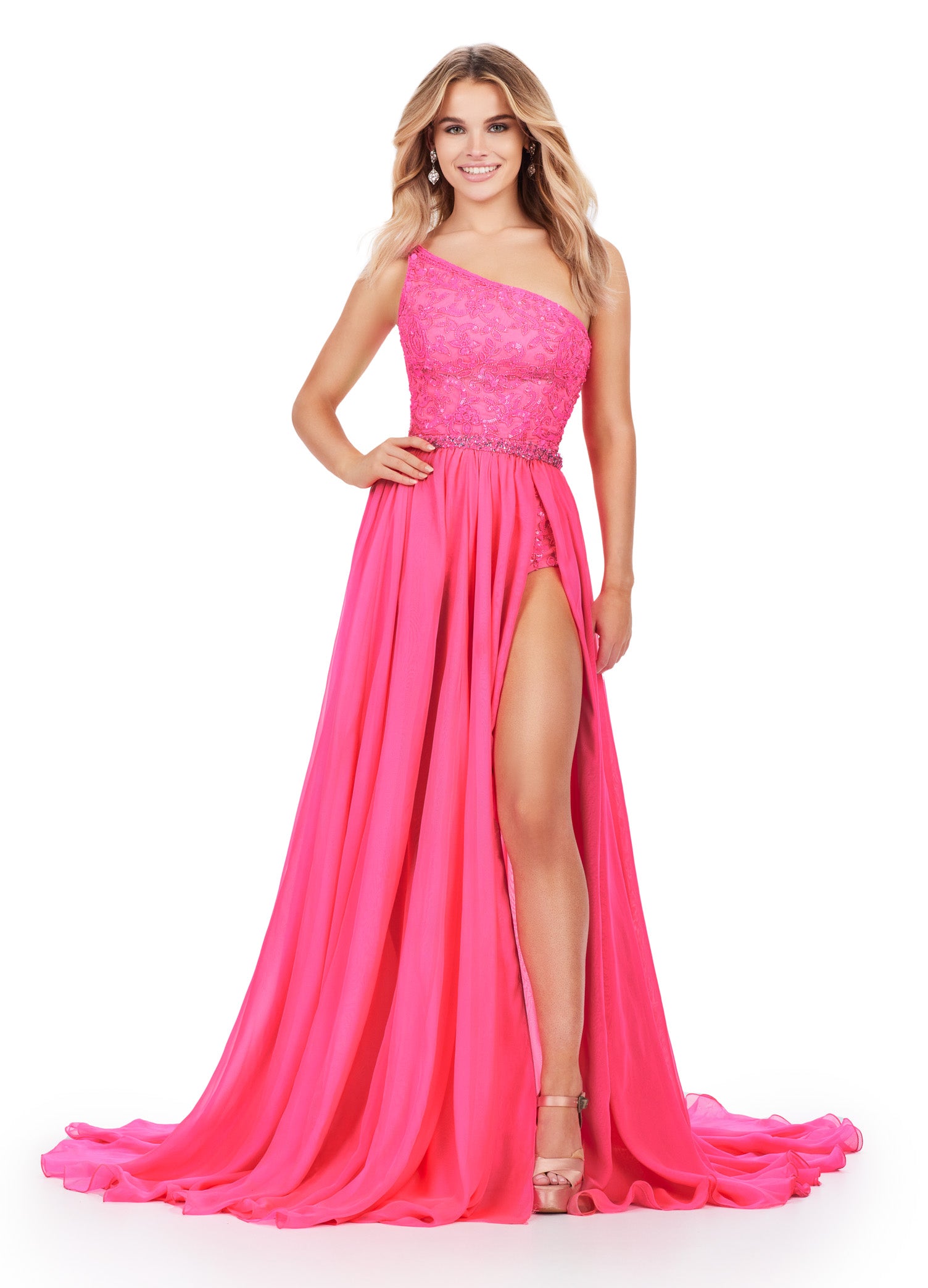 Pink One-Shoulder Evening Gown with Beaded Bodice and Thigh-High Slit – Elegant Formal Wear