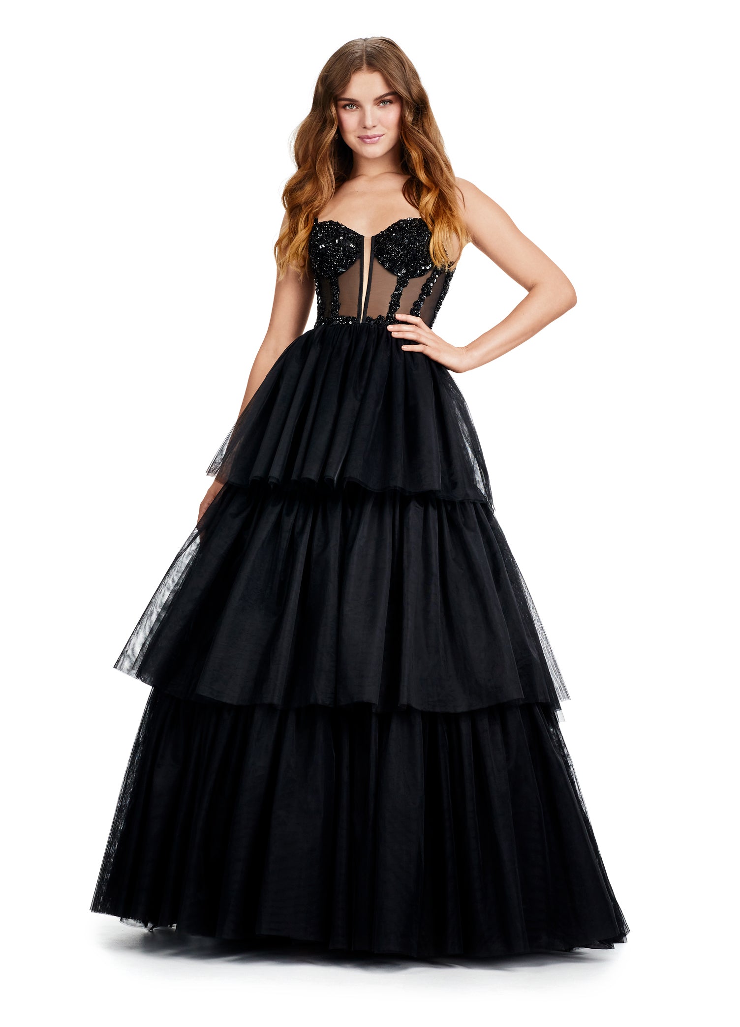 Black Tiered Ball Gown with Embellished Corset Bodice – Statement Evening Wear