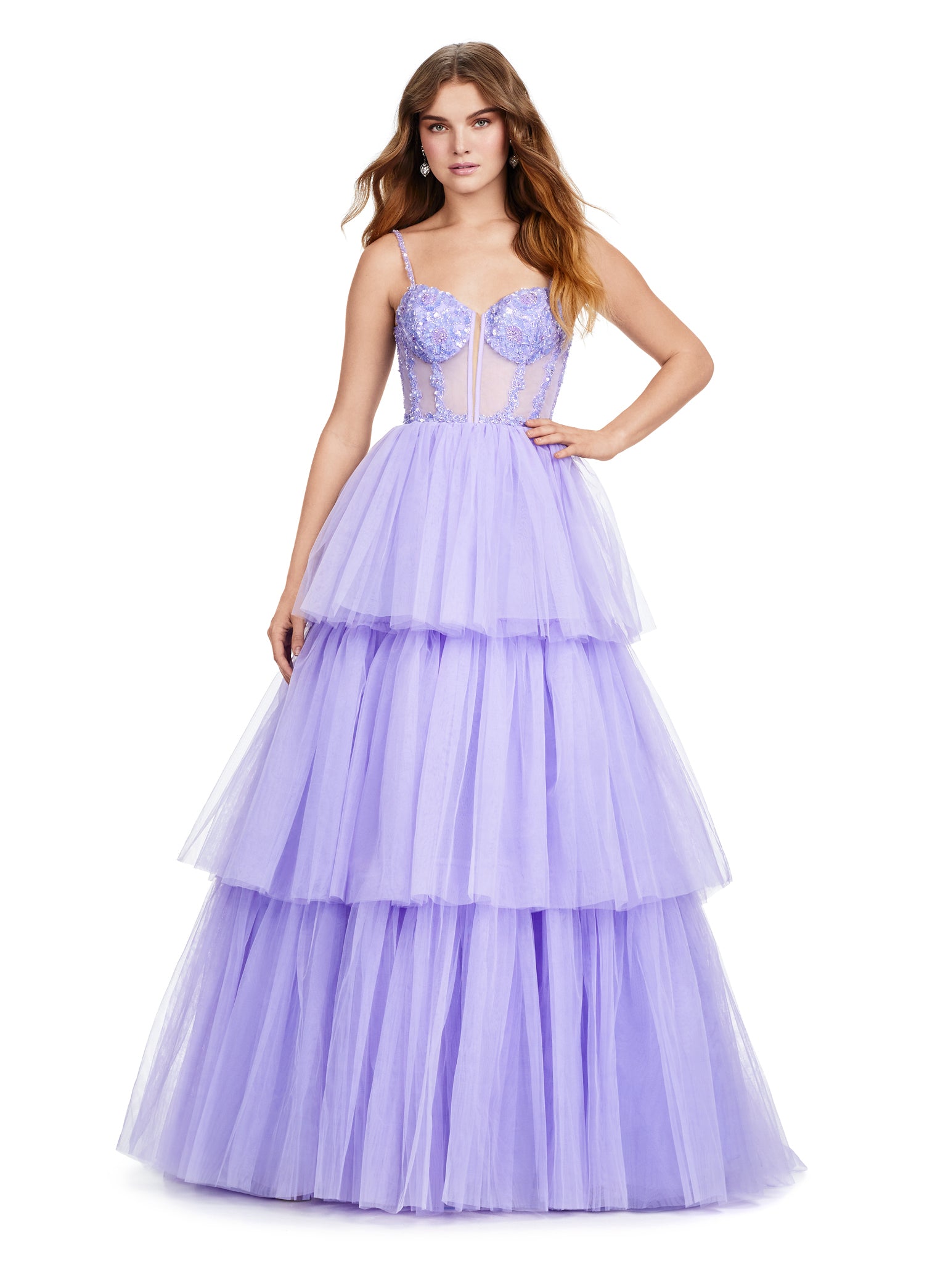 Lilac Tiered Ball Gown with Embellished Corset Bodice – Statement Evening Wear