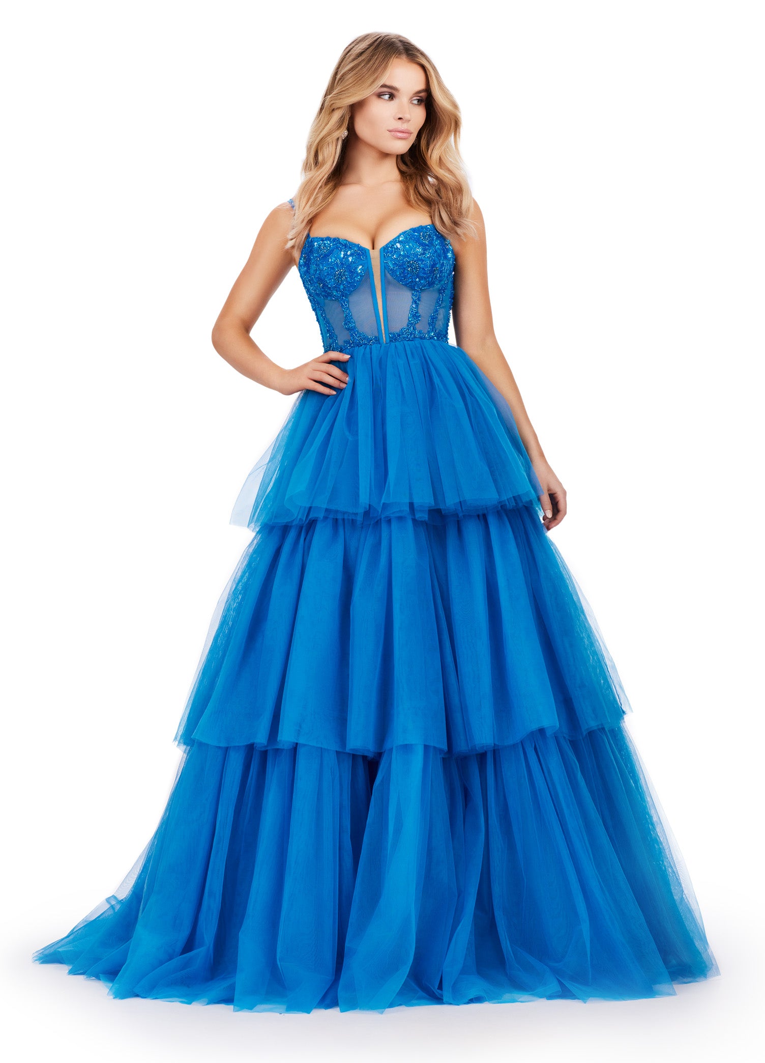 Peacock Tiered Ball Gown with Embellished Corset Bodice – Statement Evening Wear