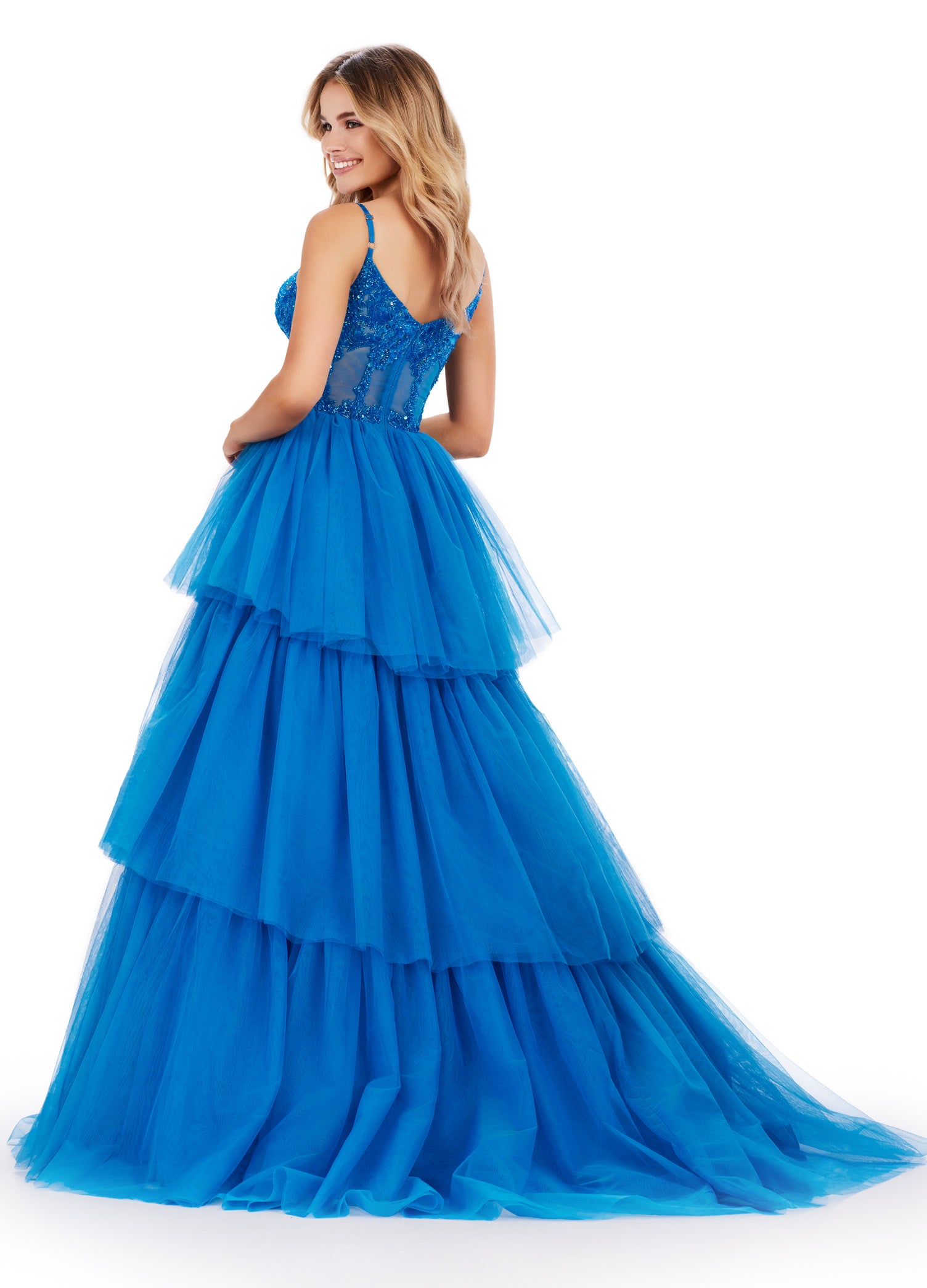 Peacock Tiered Ball Gown with Embellished Corset Bodice – Statement Evening Wear