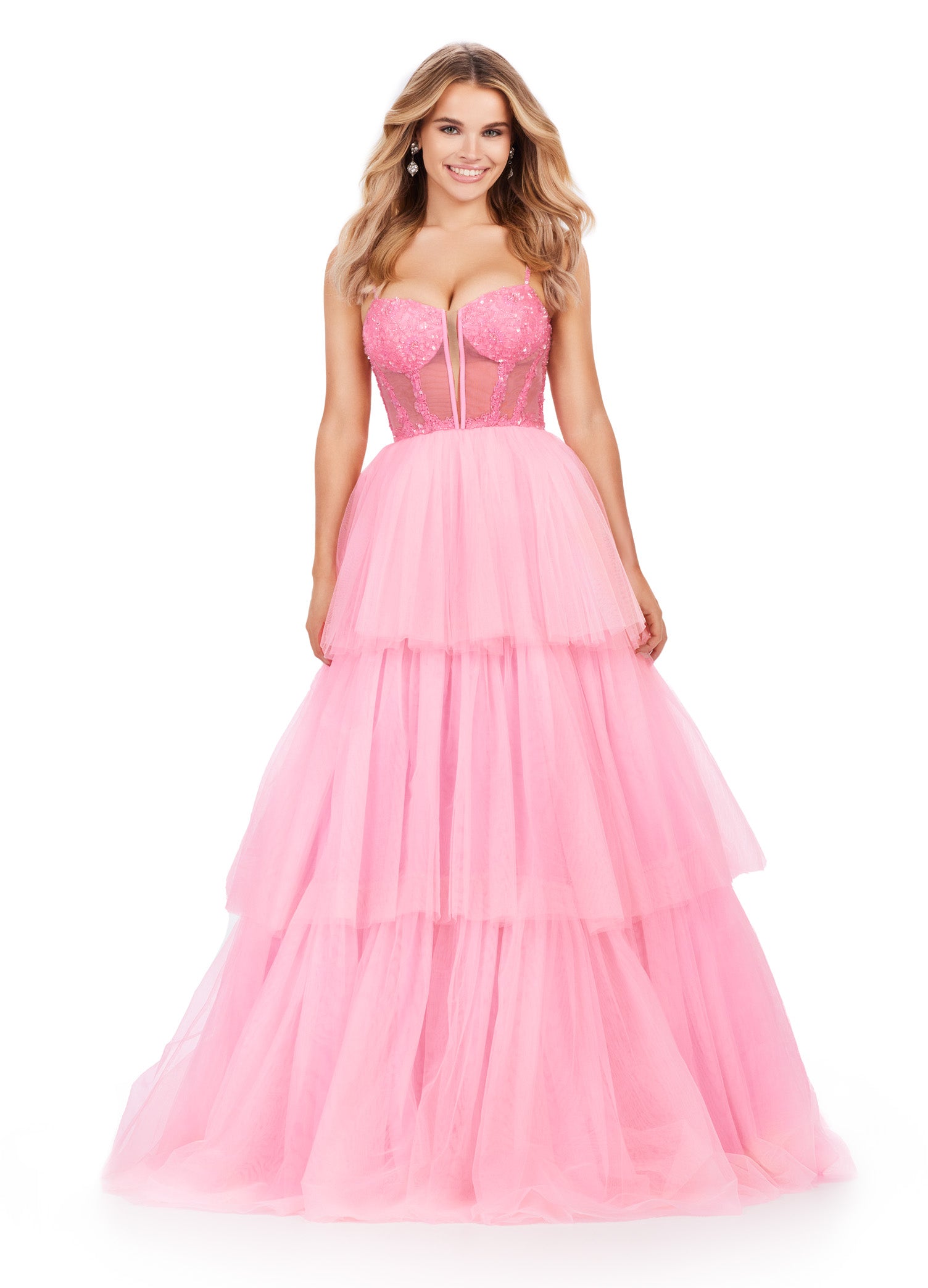 Pink Tiered Ball Gown with Embellished Corset Bodice – Statement Evening Wear