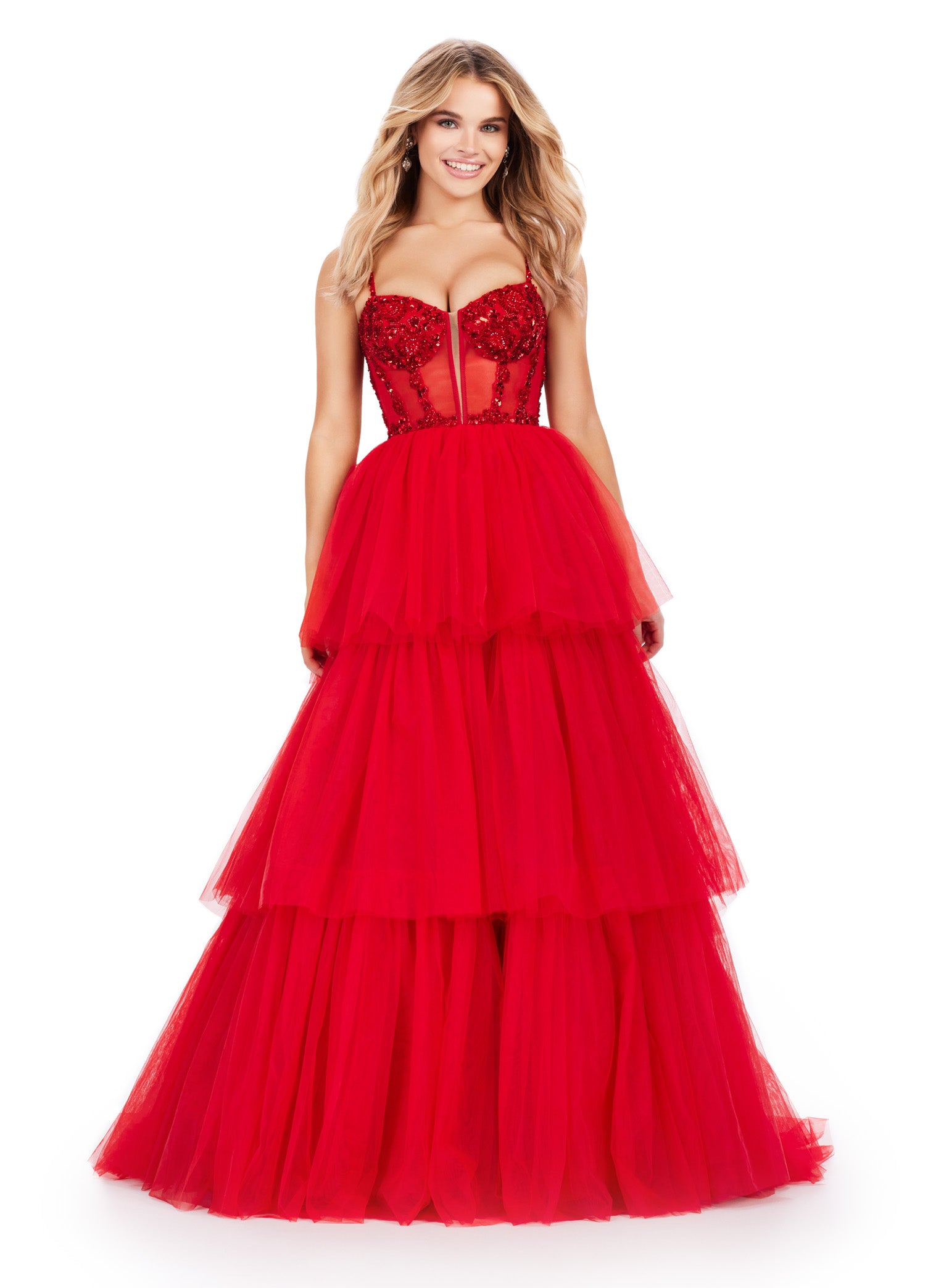 Red Tiered Ball Gown with Embellished Corset Bodice – Statement Evening Wear