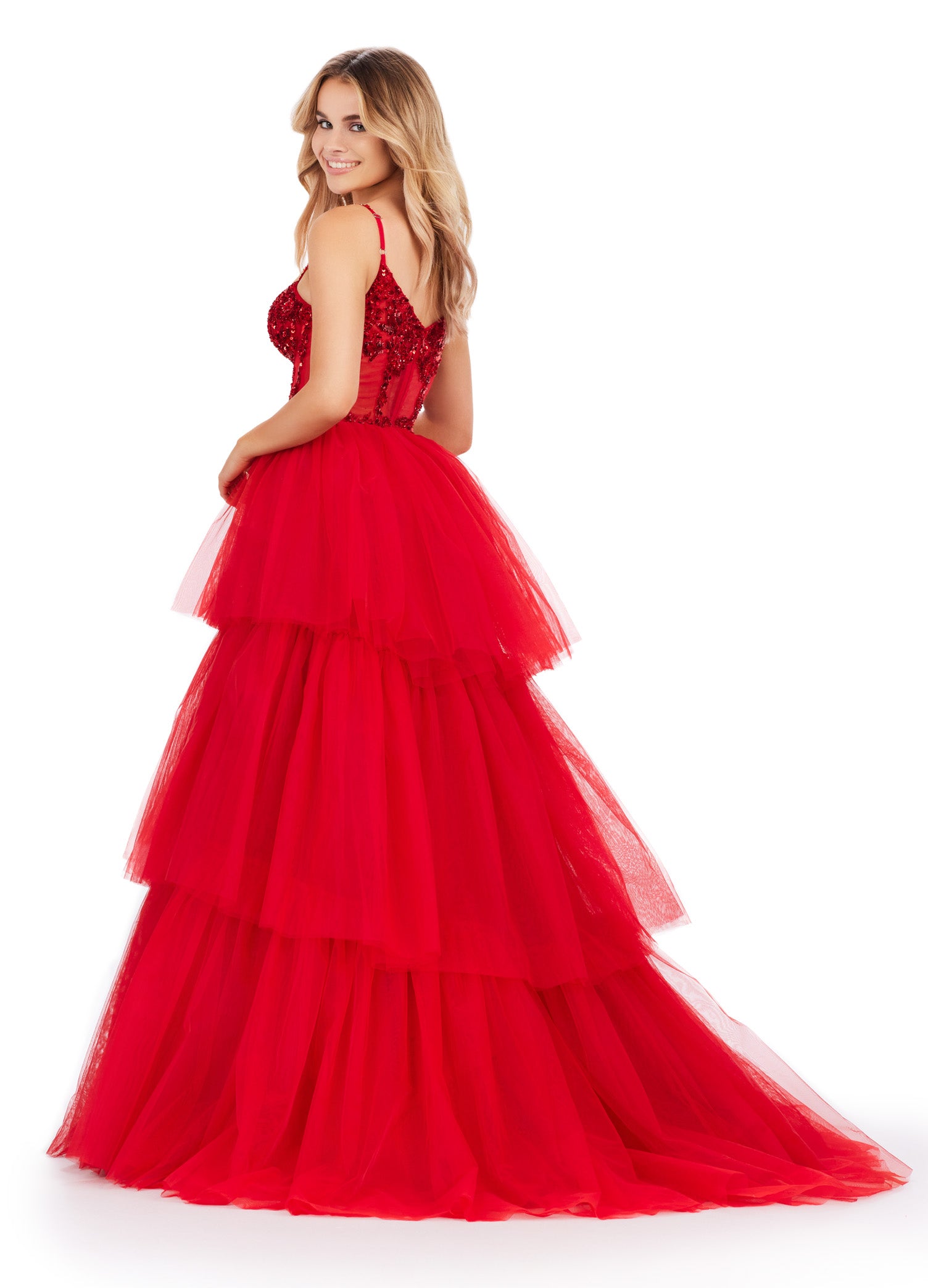 Red Tiered Ball Gown with Embellished Corset Bodice – Statement Evening Wear