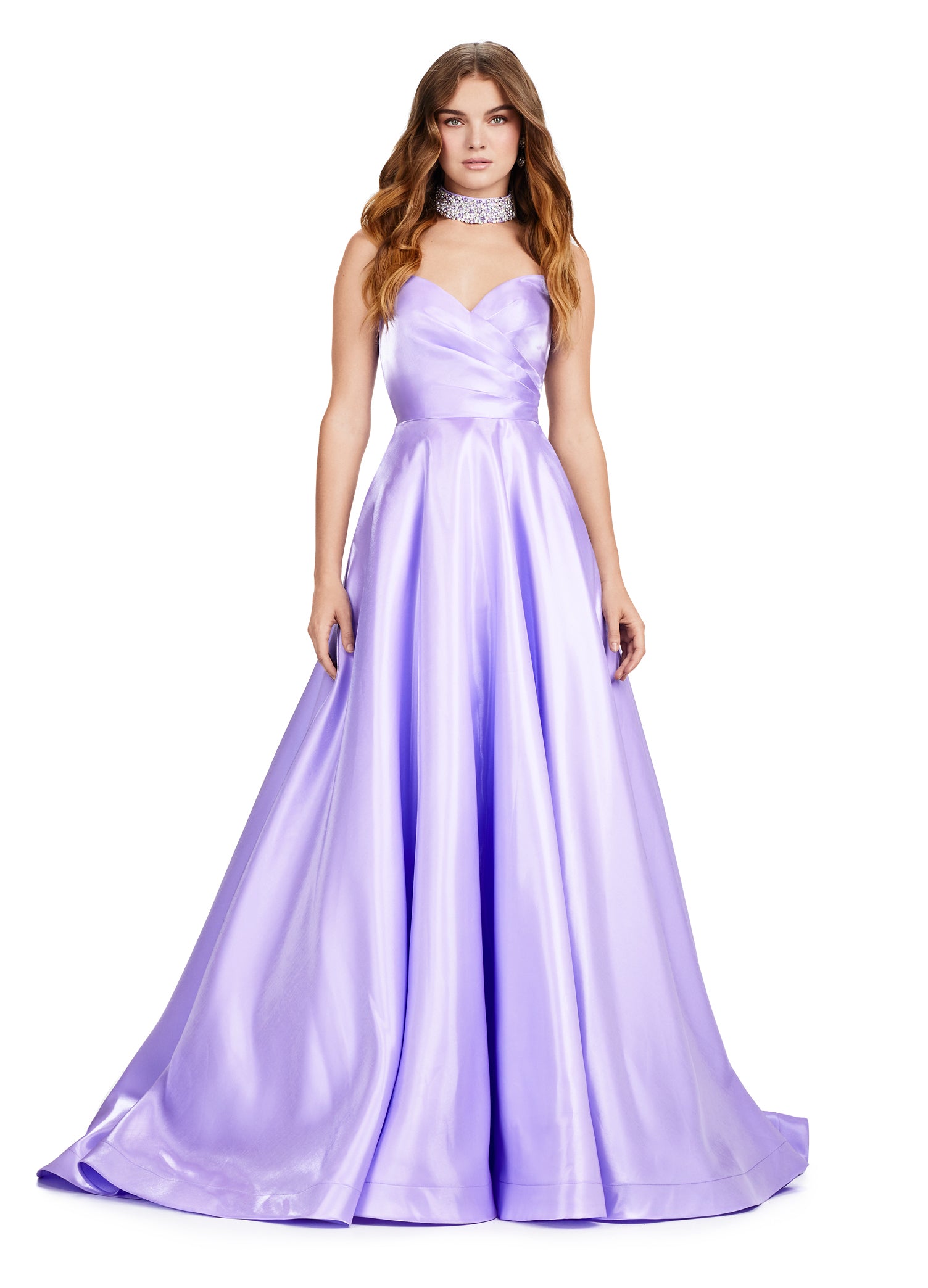 Elegant Purple strapless ball gown with sweetheart neckline, perfect for formal occasions or weddings.