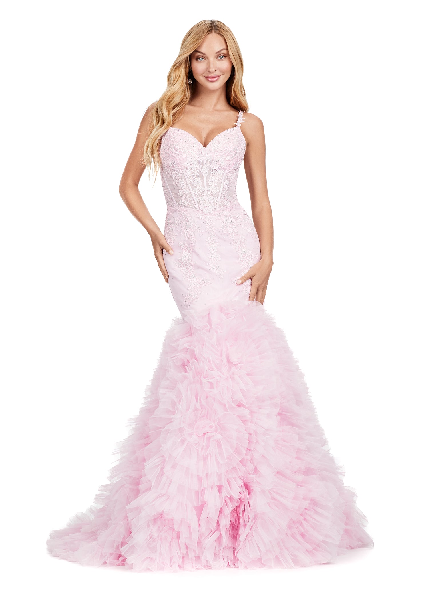 Strapless Pink mermaid gown with a fitted bodice and voluminous tulle skirt, perfect for luxury evening wear and formal events