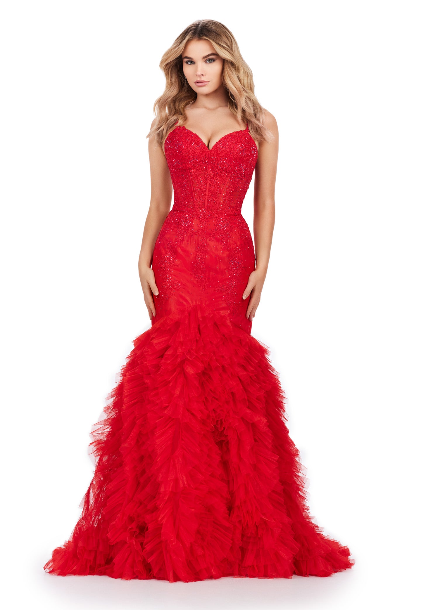 Strapless red mermaid gown with a fitted bodice and voluminous tulle skirt, perfect for luxury evening wear and formal events